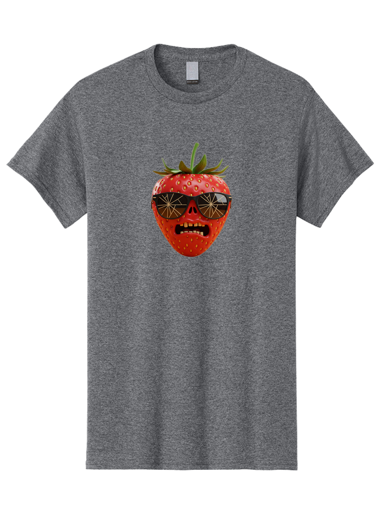 Strawberry-With-Sunglasses Men'S Graphic Tee, 100% Cotton, Comfortable Casual Summer Wear, Machine Washable, Strawberry With Sunglasses, Skull Face, Gold Teeth, Futuristic Design, Funky Fruit, Quirky Art, Pop Culture, Funny Character, Bac494