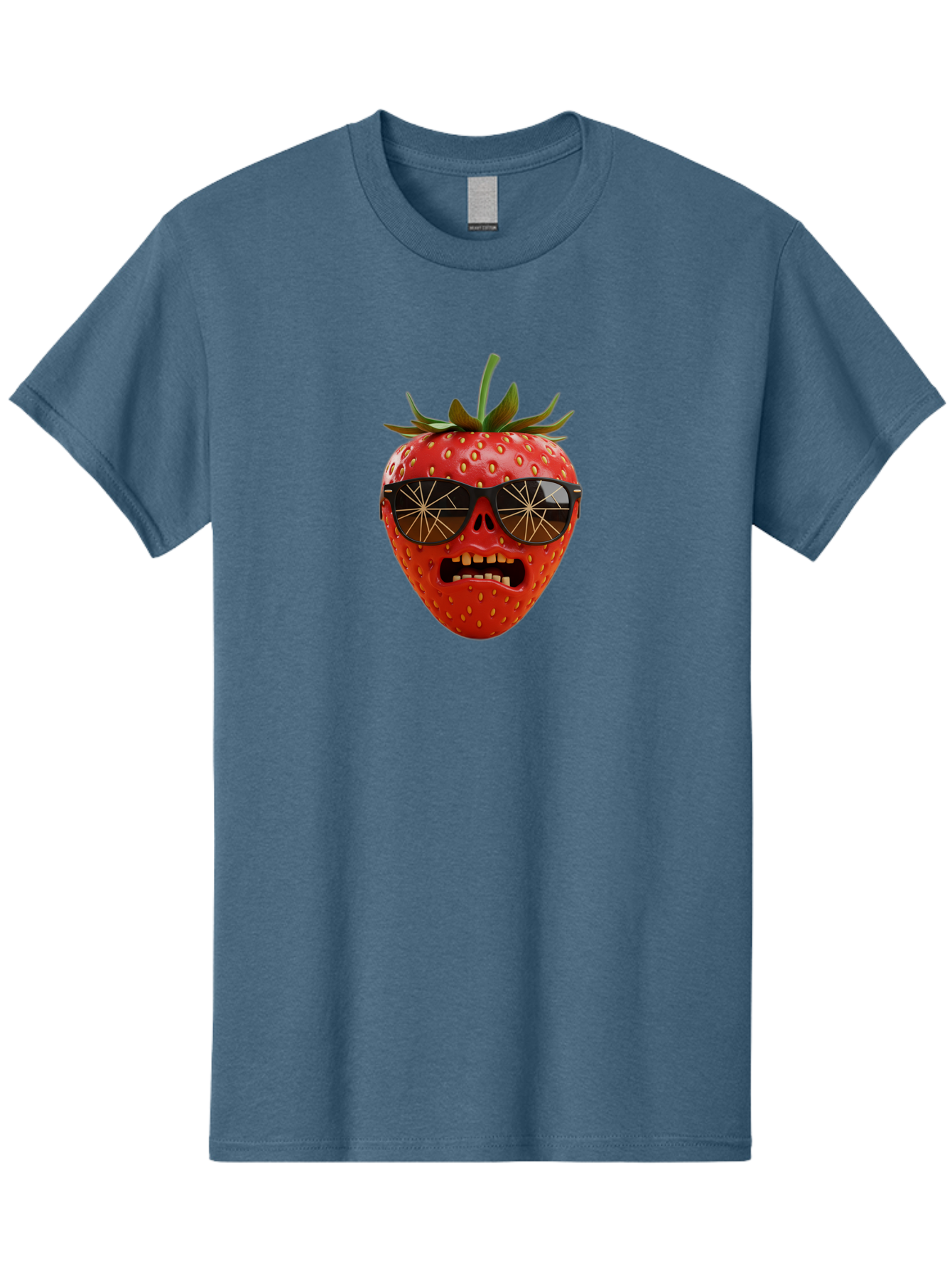 Strawberry-With-Sunglasses Men'S Graphic Tee, 100% Cotton, Comfortable Casual Summer Wear, Machine Washable, Strawberry With Sunglasses, Skull Face, Gold Teeth, Futuristic Design, Funky Fruit, Quirky Art, Pop Culture, Funny Character, Bac494