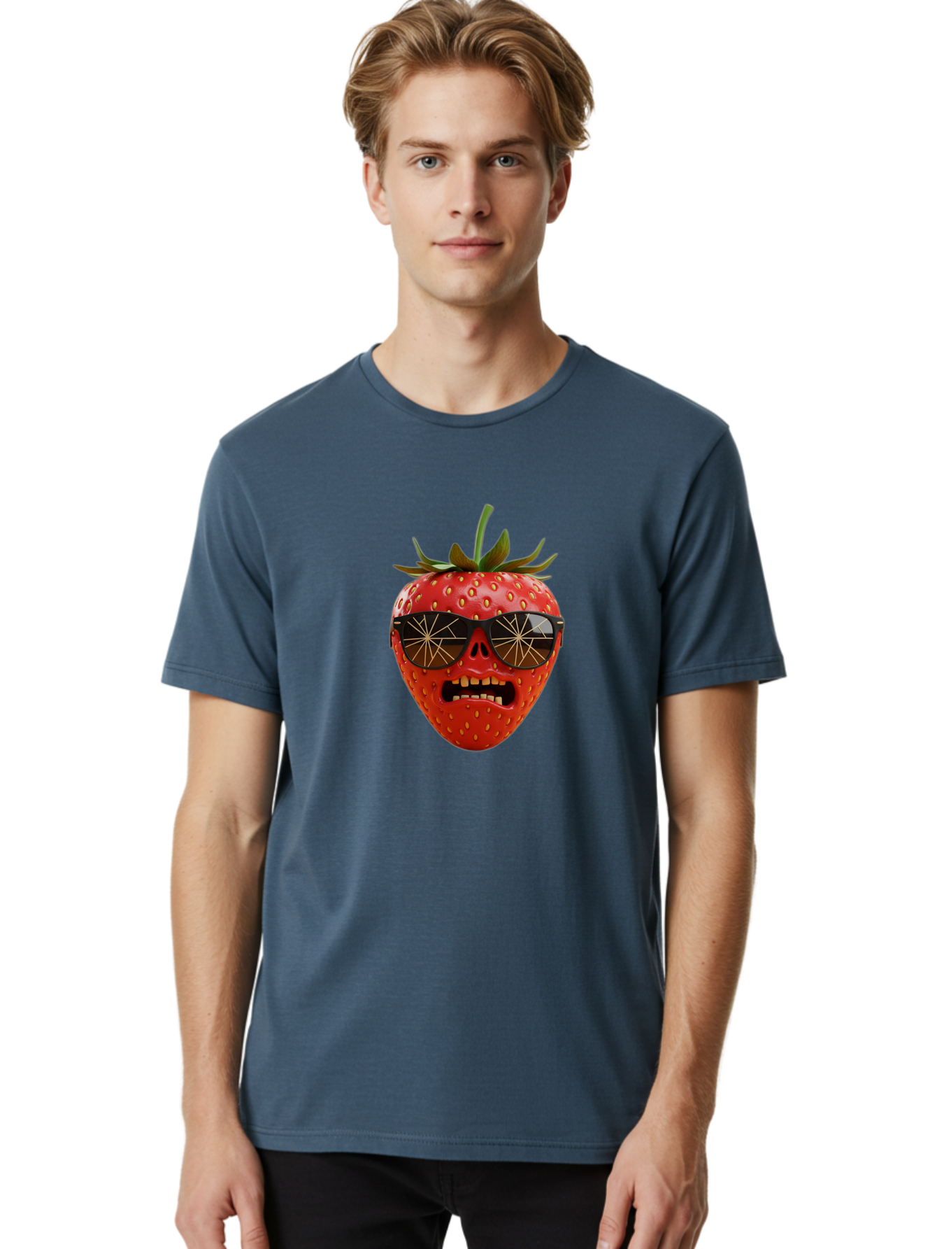 Strawberry-With-Sunglasses Men'S Graphic Tee, 100% Cotton, Comfortable Casual Summer Wear, Machine Washable, Strawberry With Sunglasses, Skull Face, Gold Teeth, Futuristic Design, Funky Fruit, Quirky Art, Pop Culture, Funny Character, Bac494
