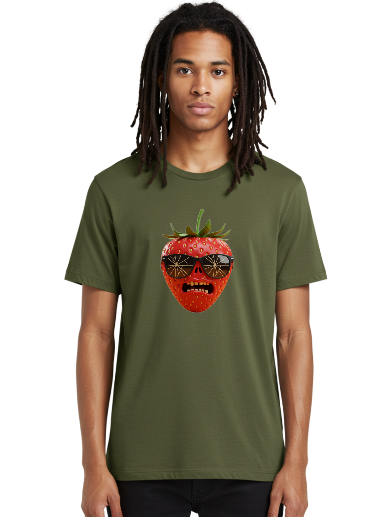 Strawberry-With-Sunglasses Men'S Graphic Tee, 100% Cotton, Comfortable Casual Summer Wear, Machine Washable, Strawberry With Sunglasses, Skull Face, Gold Teeth, Futuristic Design, Funky Fruit, Quirky Art, Pop Culture, Funny Character, Bac494