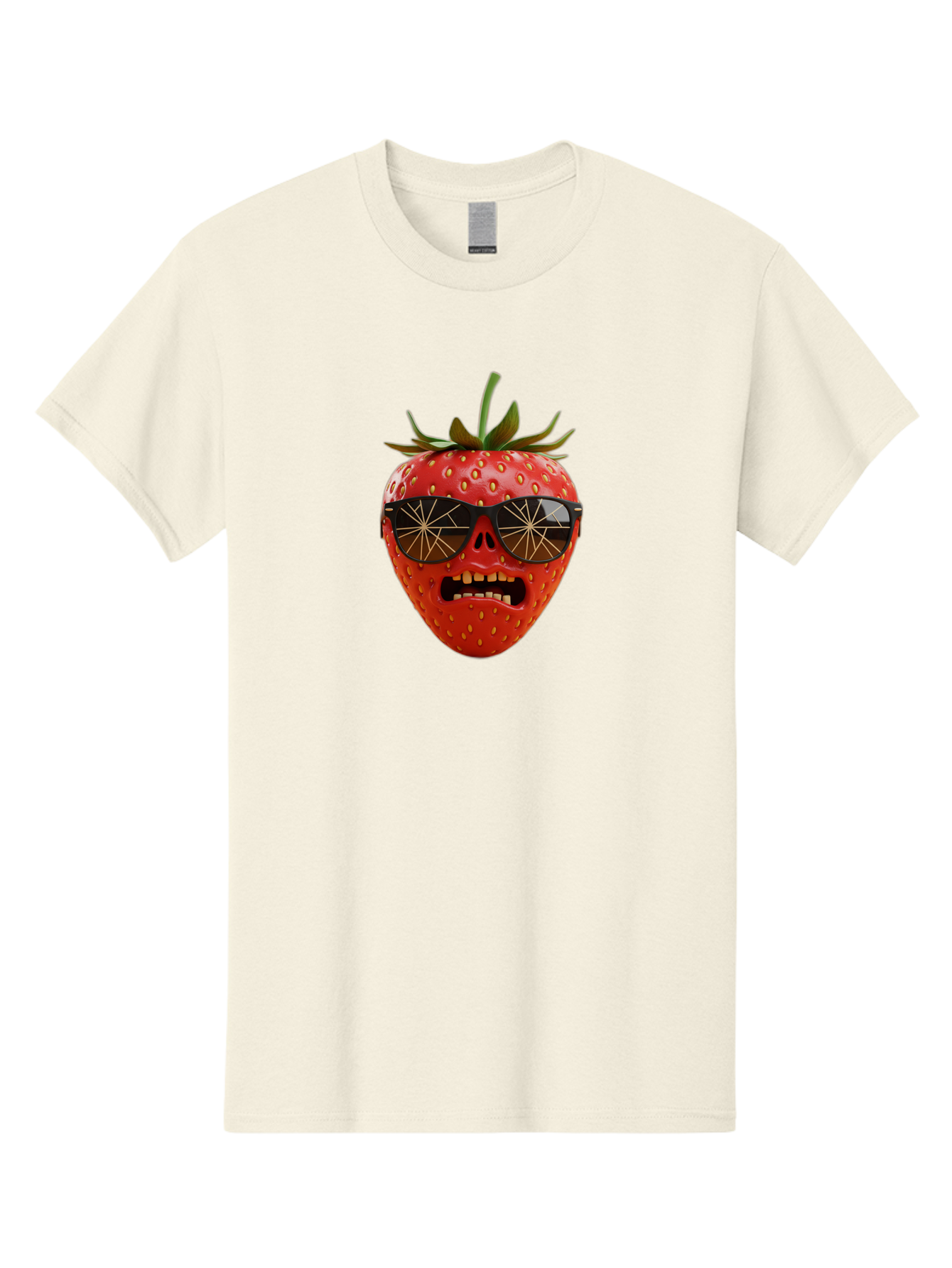 Strawberry-With-Sunglasses Men'S Graphic Tee, 100% Cotton, Comfortable Casual Summer Wear, Machine Washable, Strawberry With Sunglasses, Skull Face, Gold Teeth, Futuristic Design, Funky Fruit, Quirky Art, Pop Culture, Funny Character, Bac494