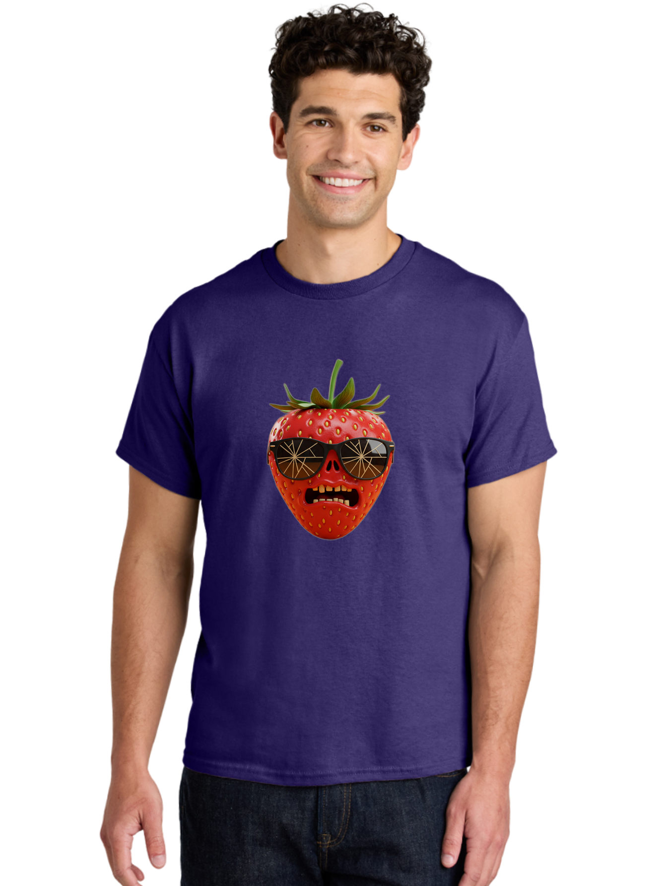 Strawberry-With-Sunglasses Men'S Graphic Tee, 100% Cotton, Comfortable Casual Summer Wear, Machine Washable, Strawberry With Sunglasses, Skull Face, Gold Teeth, Futuristic Design, Funky Fruit, Quirky Art, Pop Culture, Funny Character, Bac494