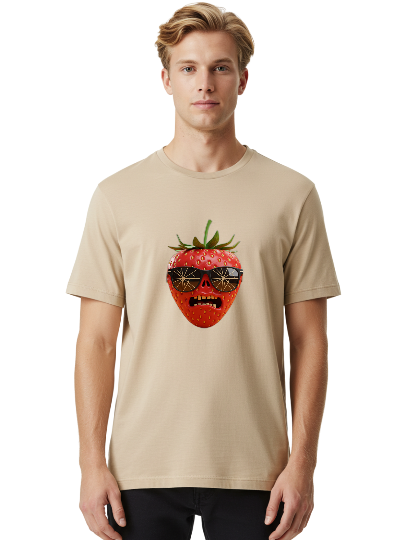 Strawberry-With-Sunglasses Men'S Graphic Tee, 100% Cotton, Comfortable Casual Summer Wear, Machine Washable, Strawberry With Sunglasses, Skull Face, Gold Teeth, Futuristic Design, Funky Fruit, Quirky Art, Pop Culture, Funny Character, Bac494