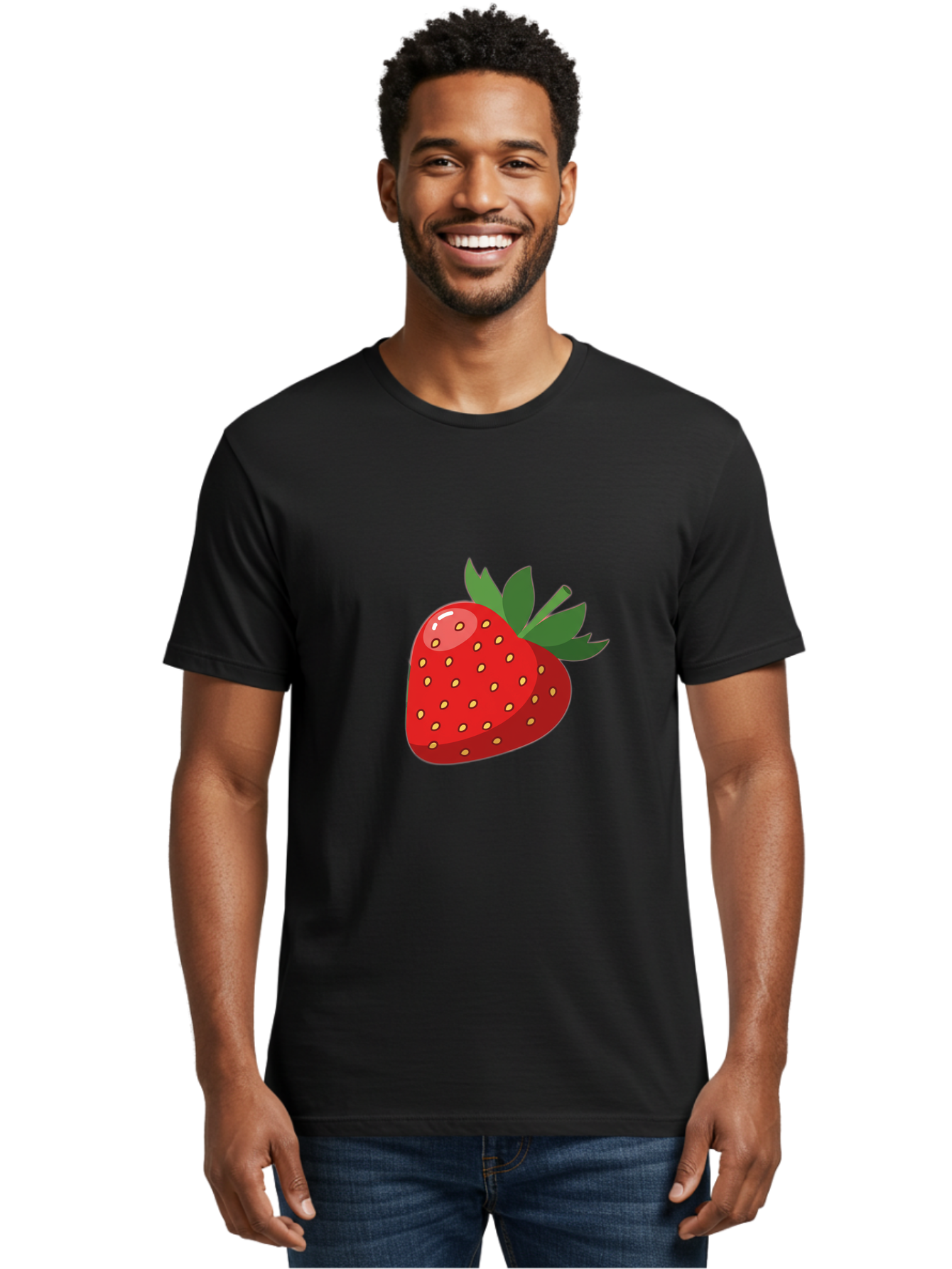 Strawberry Men'S Graphic Tee, 100% Cotton, Comfortable Casual Summer Wear, Machine Washable, Fresh Strawberry, Juicy Fruit, Red Strawberry, Green Leaves, Sweet Treat, Cartoon Illustration, Digital Art, Vibrant Red, Yellow Seeds Bac495