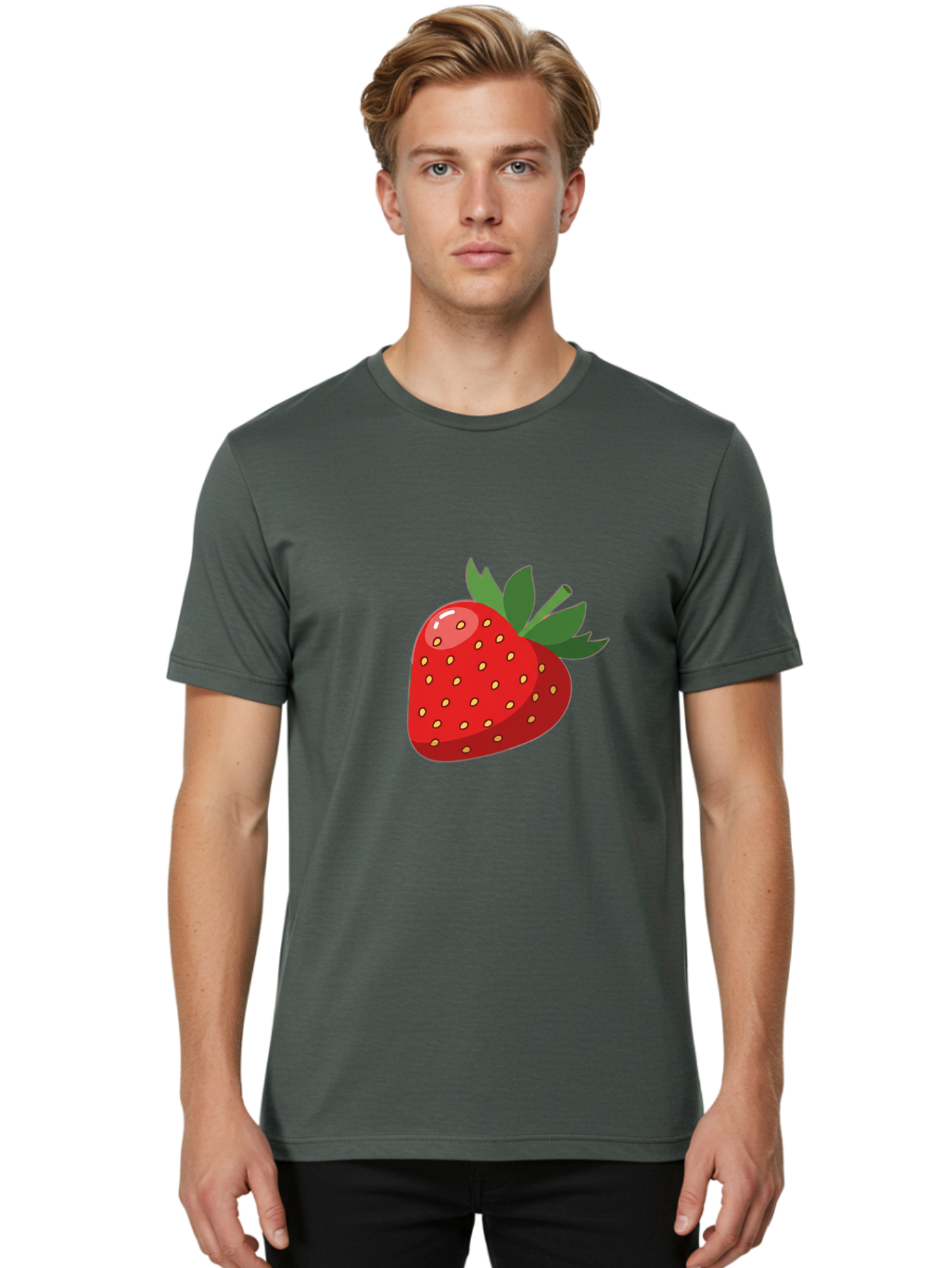 Strawberry Men'S Graphic Tee, 100% Cotton, Comfortable Casual Summer Wear, Machine Washable, Fresh Strawberry, Juicy Fruit, Red Strawberry, Green Leaves, Sweet Treat, Cartoon Illustration, Digital Art, Vibrant Red, Yellow Seeds Bac495
