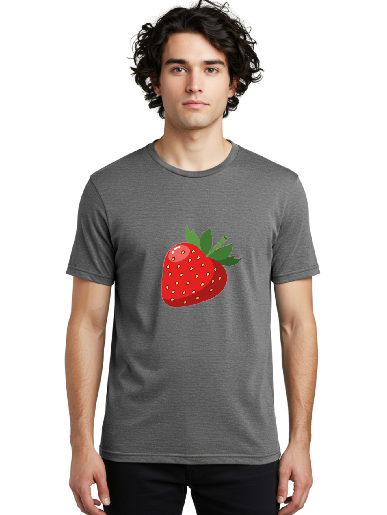 Strawberry Men'S Graphic Tee, 100% Cotton, Comfortable Casual Summer Wear, Machine Washable, Fresh Strawberry, Juicy Fruit, Red Strawberry, Green Leaves, Sweet Treat, Cartoon Illustration, Digital Art, Vibrant Red, Yellow Seeds Bac495