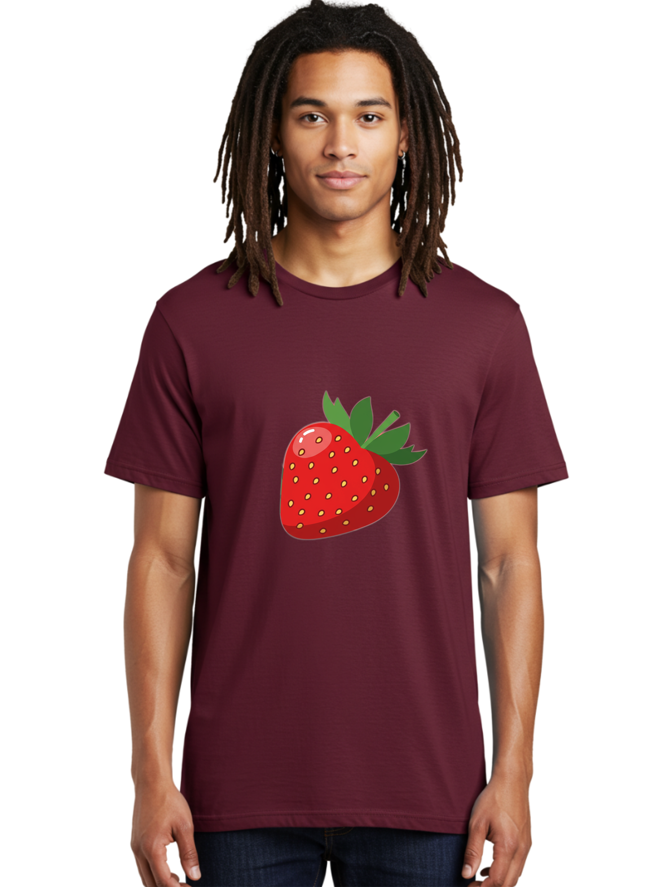 Strawberry Men'S Graphic Tee, 100% Cotton, Comfortable Casual Summer Wear, Machine Washable, Fresh Strawberry, Juicy Fruit, Red Strawberry, Green Leaves, Sweet Treat, Cartoon Illustration, Digital Art, Vibrant Red, Yellow Seeds Bac495
