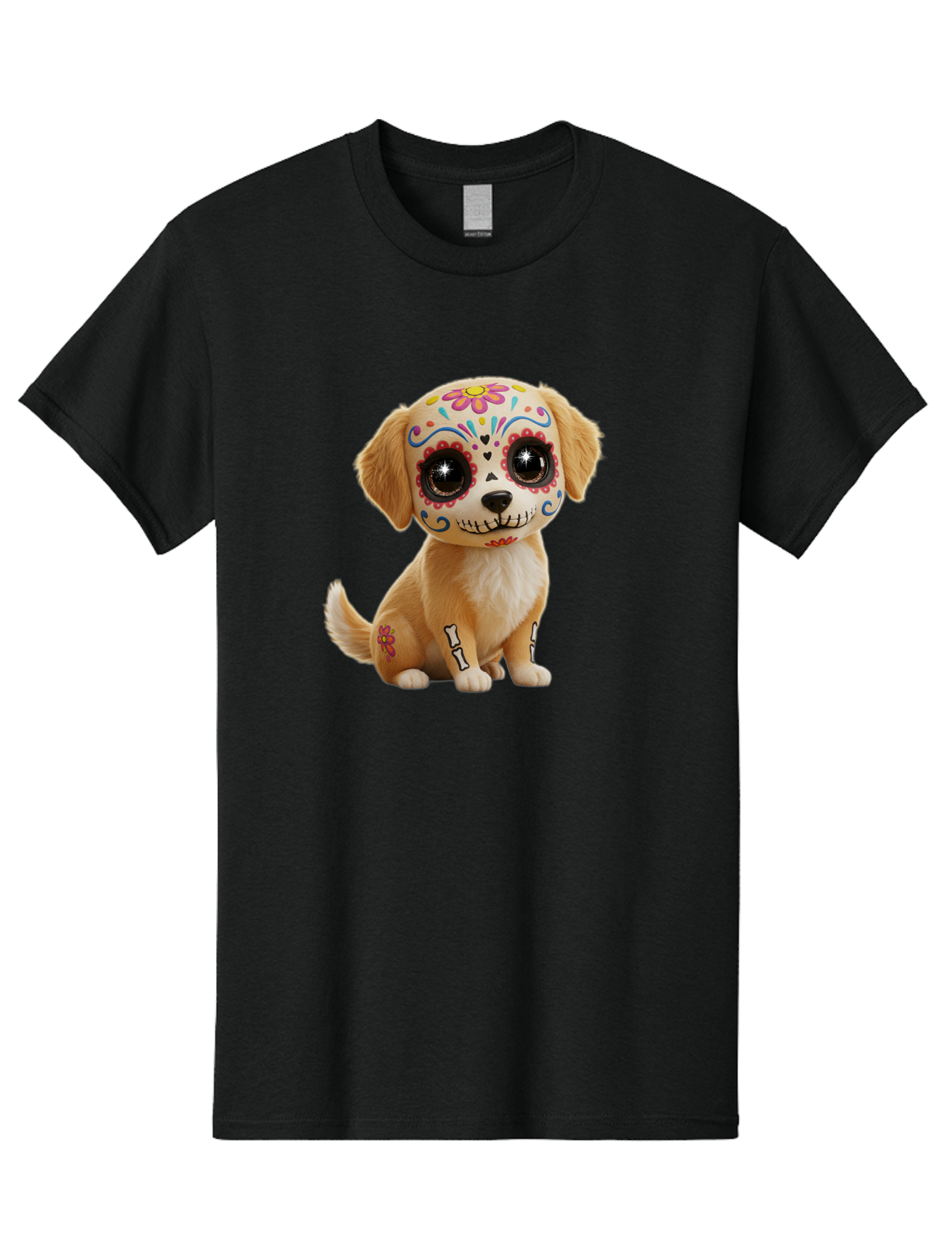 Sugar-Skull-Dog-1 Men'S Graphic Tee, 100% Cotton, Comfortable Casual Summer Wear, Machine Washable, Sugar Skull Dog, Day Of The Dead Puppy, Colorful Tattoos, Sparkly Eyes, Festive Design, Cute Animal, Decorative Art, Vibrant Patterns, Bac498