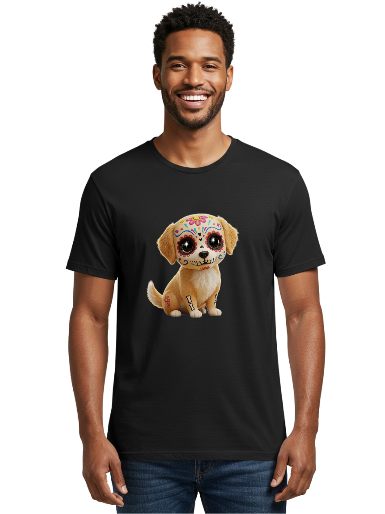 Sugar-Skull-Dog-1 Men'S Graphic Tee, 100% Cotton, Comfortable Casual Summer Wear, Machine Washable, Sugar Skull Dog, Day Of The Dead Puppy, Colorful Tattoos, Sparkly Eyes, Festive Design, Cute Animal, Decorative Art, Vibrant Patterns, Bac498