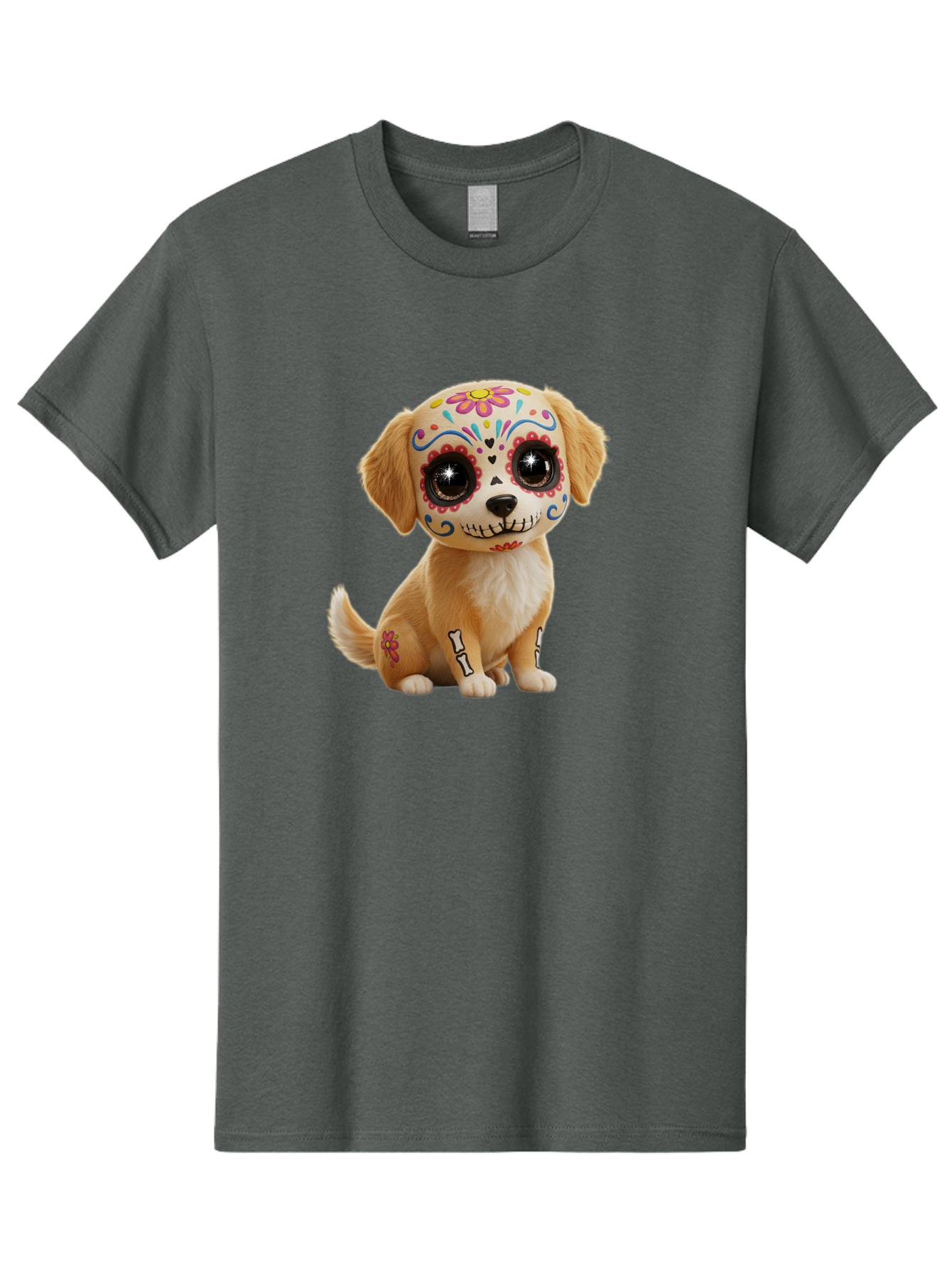 Sugar-Skull-Dog-1 Men'S Graphic Tee, 100% Cotton, Comfortable Casual Summer Wear, Machine Washable, Sugar Skull Dog, Day Of The Dead Puppy, Colorful Tattoos, Sparkly Eyes, Festive Design, Cute Animal, Decorative Art, Vibrant Patterns, Bac498