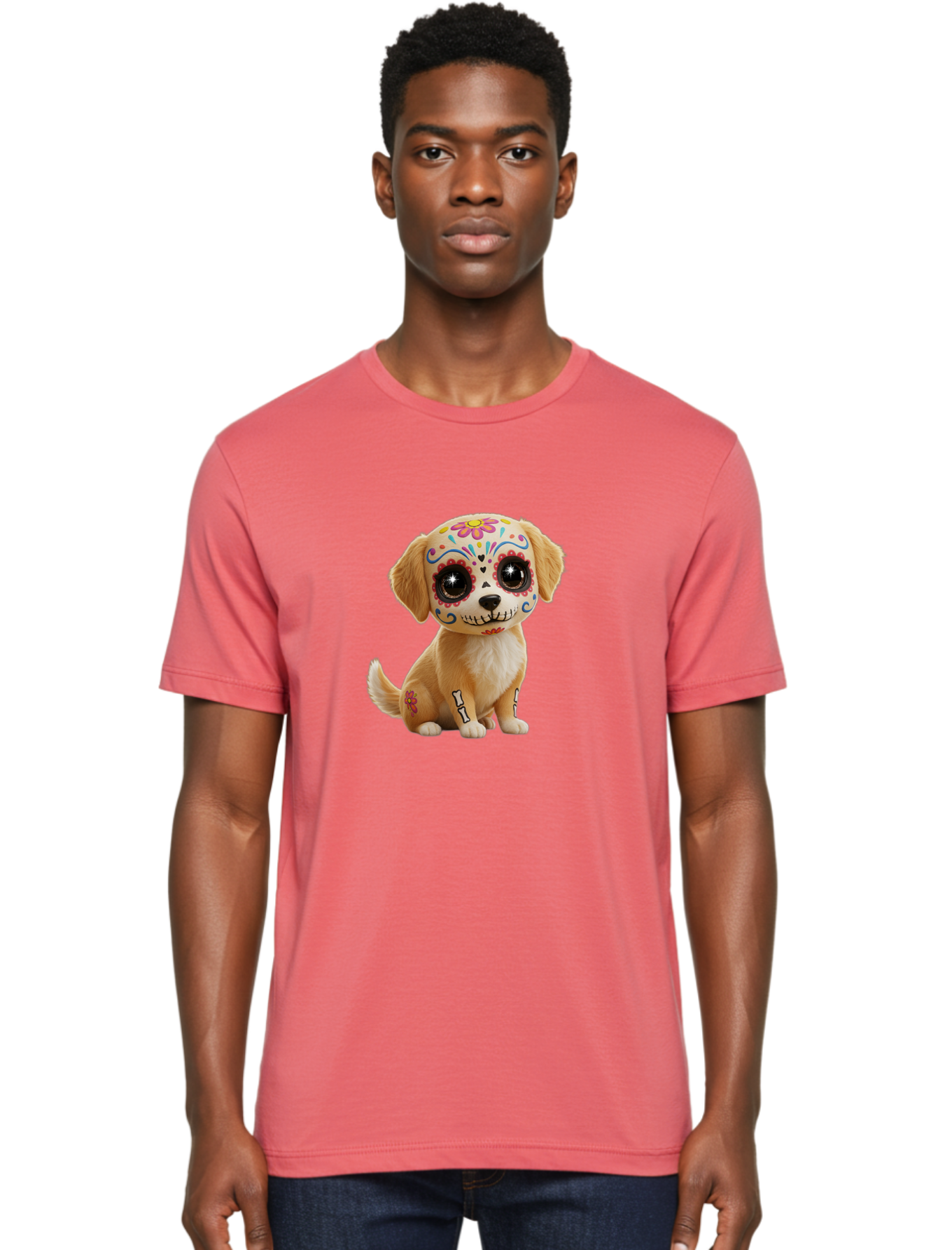 Sugar-Skull-Dog-1 Men'S Graphic Tee, 100% Cotton, Comfortable Casual Summer Wear, Machine Washable, Sugar Skull Dog, Day Of The Dead Puppy, Colorful Tattoos, Sparkly Eyes, Festive Design, Cute Animal, Decorative Art, Vibrant Patterns, Bac498