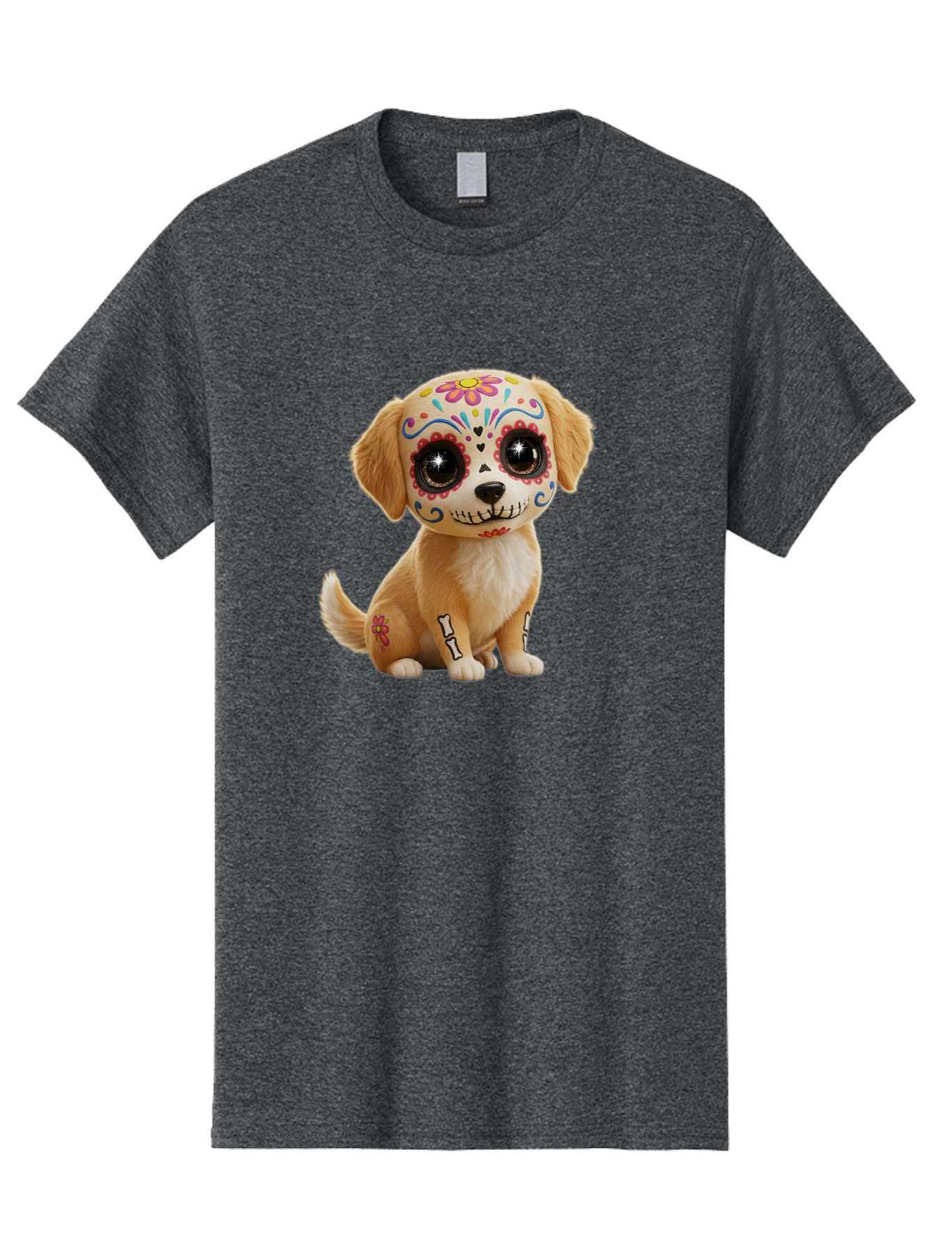 Sugar-Skull-Dog-1 Men'S Graphic Tee, 100% Cotton, Comfortable Casual Summer Wear, Machine Washable, Sugar Skull Dog, Day Of The Dead Puppy, Colorful Tattoos, Sparkly Eyes, Festive Design, Cute Animal, Decorative Art, Vibrant Patterns, Bac498