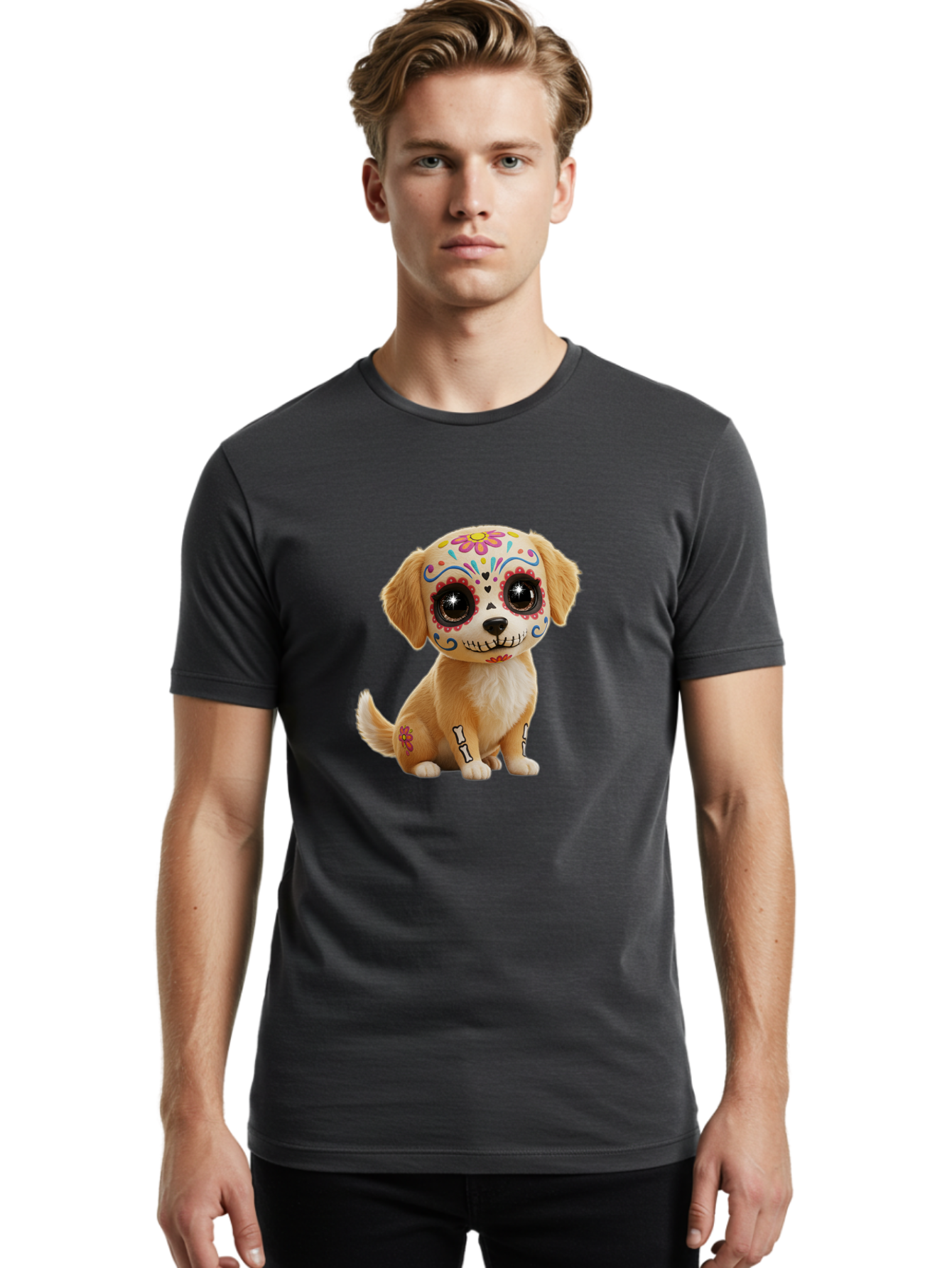Sugar-Skull-Dog-1 Men'S Graphic Tee, 100% Cotton, Comfortable Casual Summer Wear, Machine Washable, Sugar Skull Dog, Day Of The Dead Puppy, Colorful Tattoos, Sparkly Eyes, Festive Design, Cute Animal, Decorative Art, Vibrant Patterns, Bac498