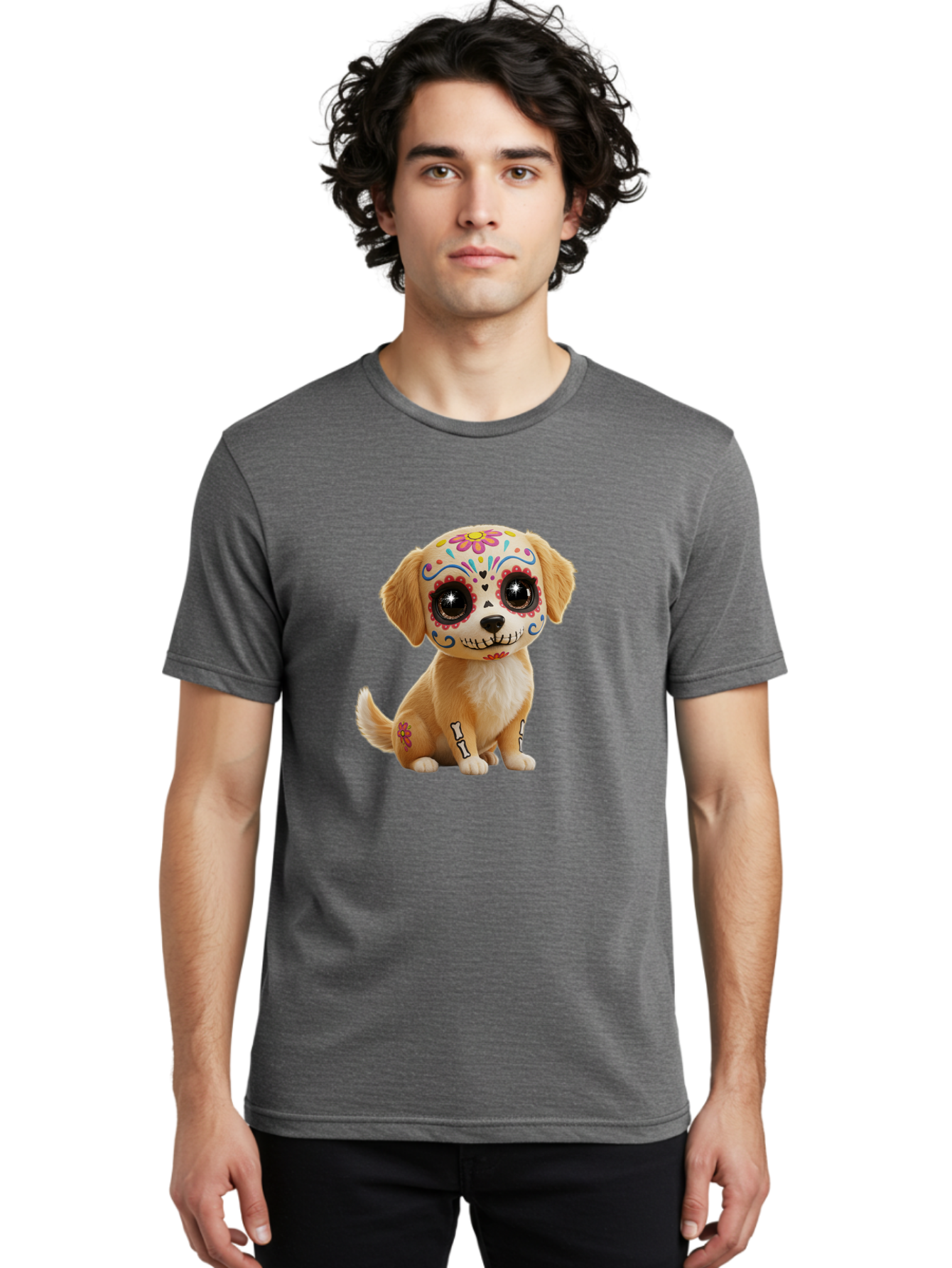 Sugar-Skull-Dog-1 Men'S Graphic Tee, 100% Cotton, Comfortable Casual Summer Wear, Machine Washable, Sugar Skull Dog, Day Of The Dead Puppy, Colorful Tattoos, Sparkly Eyes, Festive Design, Cute Animal, Decorative Art, Vibrant Patterns, Bac498