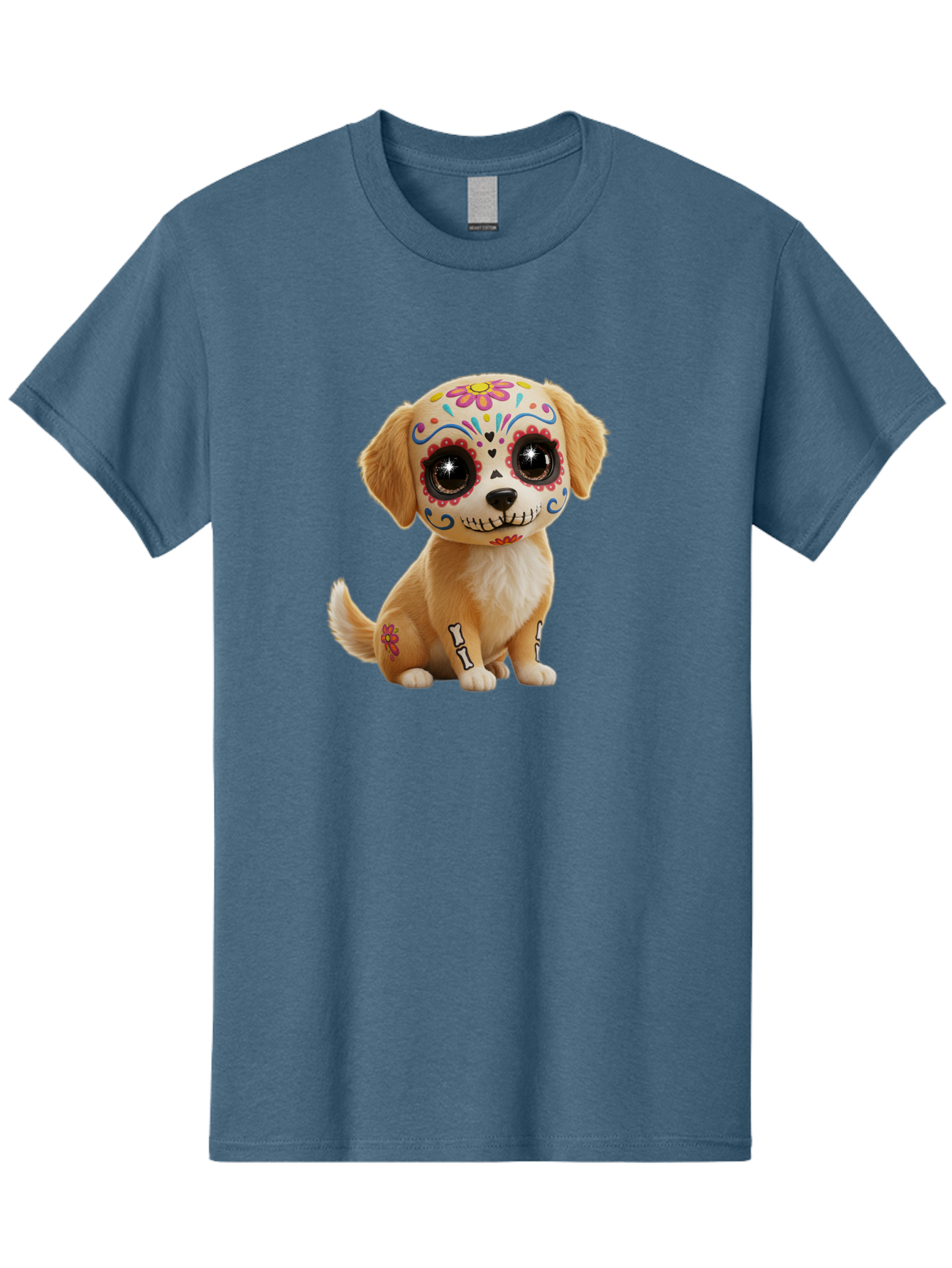 Sugar-Skull-Dog-1 Men'S Graphic Tee, 100% Cotton, Comfortable Casual Summer Wear, Machine Washable, Sugar Skull Dog, Day Of The Dead Puppy, Colorful Tattoos, Sparkly Eyes, Festive Design, Cute Animal, Decorative Art, Vibrant Patterns, Bac498