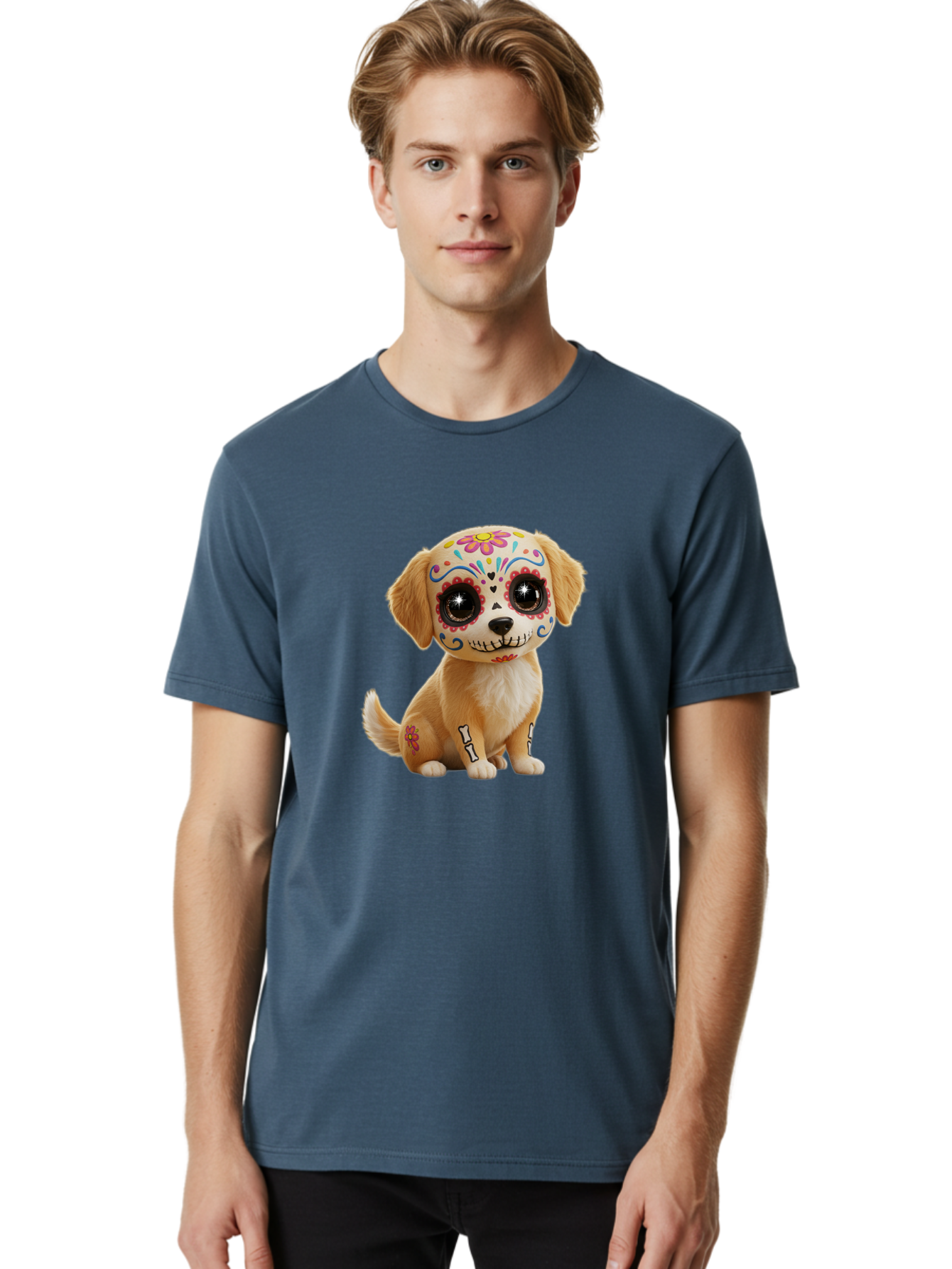 Sugar-Skull-Dog-1 Men'S Graphic Tee, 100% Cotton, Comfortable Casual Summer Wear, Machine Washable, Sugar Skull Dog, Day Of The Dead Puppy, Colorful Tattoos, Sparkly Eyes, Festive Design, Cute Animal, Decorative Art, Vibrant Patterns, Bac498