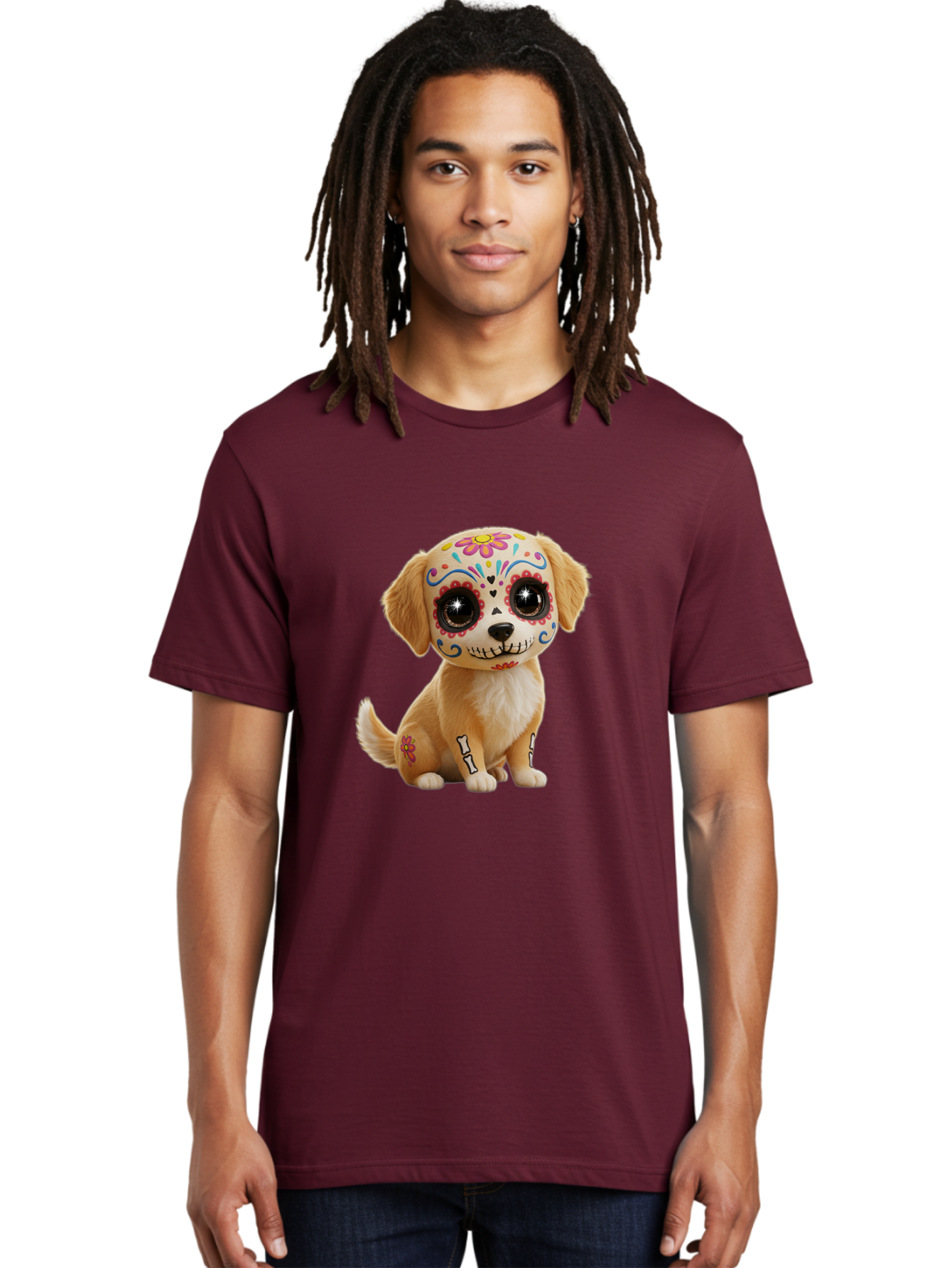 Sugar-Skull-Dog-1 Men'S Graphic Tee, 100% Cotton, Comfortable Casual Summer Wear, Machine Washable, Sugar Skull Dog, Day Of The Dead Puppy, Colorful Tattoos, Sparkly Eyes, Festive Design, Cute Animal, Decorative Art, Vibrant Patterns, Bac498