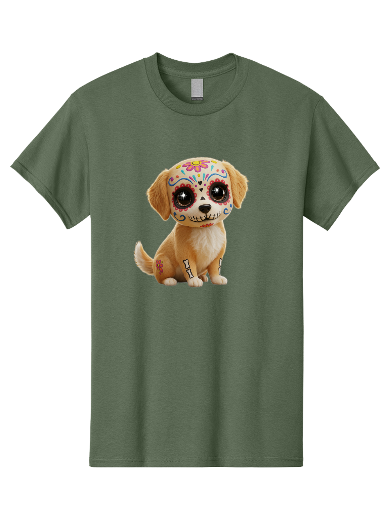 Sugar-Skull-Dog-1 Men'S Graphic Tee, 100% Cotton, Comfortable Casual Summer Wear, Machine Washable, Sugar Skull Dog, Day Of The Dead Puppy, Colorful Tattoos, Sparkly Eyes, Festive Design, Cute Animal, Decorative Art, Vibrant Patterns, Bac498