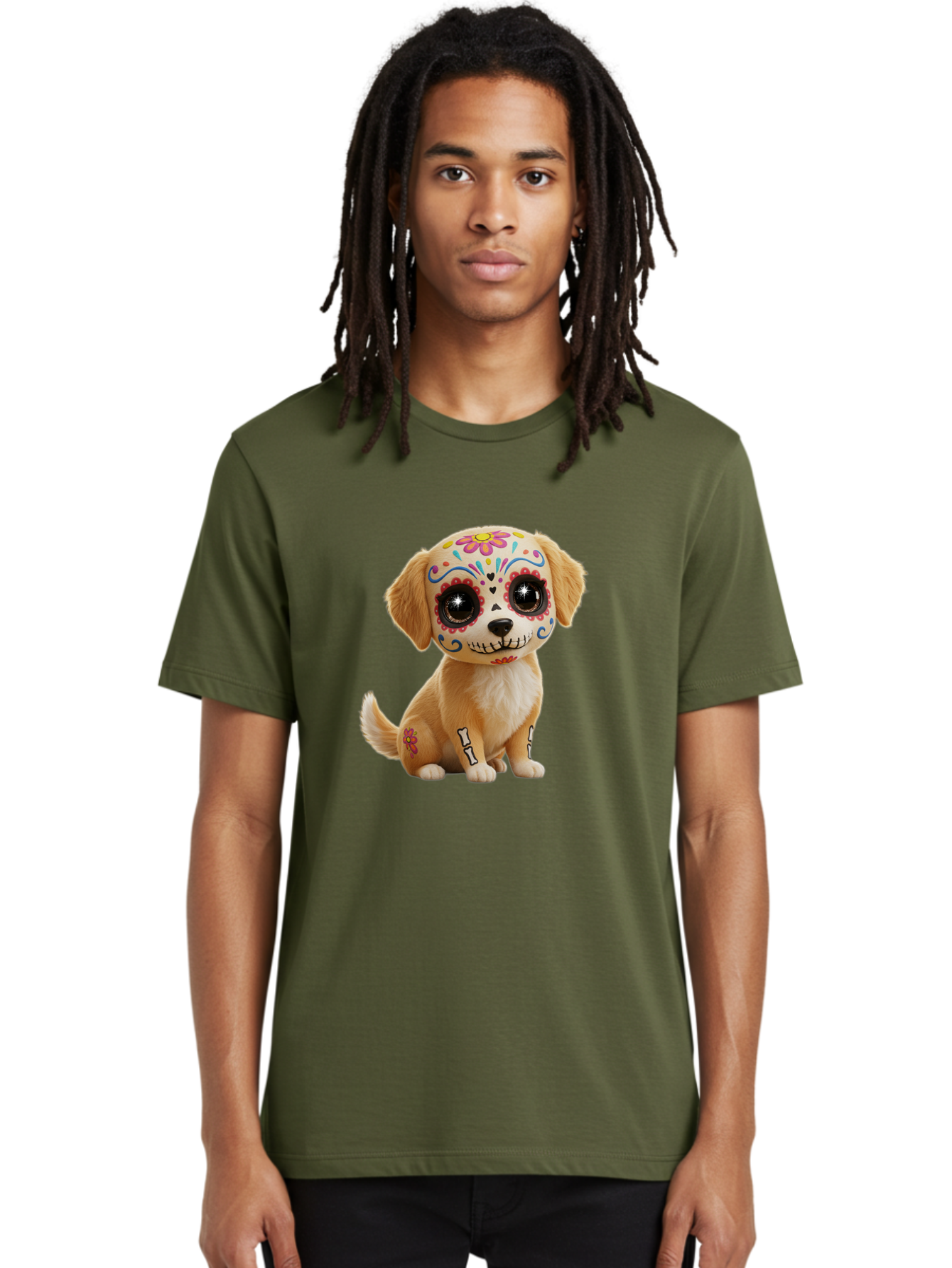 Sugar-Skull-Dog-1 Men'S Graphic Tee, 100% Cotton, Comfortable Casual Summer Wear, Machine Washable, Sugar Skull Dog, Day Of The Dead Puppy, Colorful Tattoos, Sparkly Eyes, Festive Design, Cute Animal, Decorative Art, Vibrant Patterns, Bac498