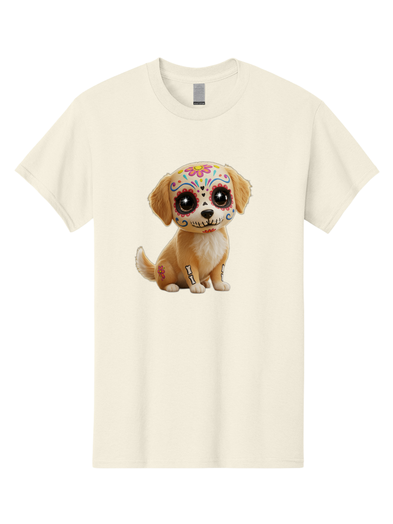 Sugar-Skull-Dog-1 Men'S Graphic Tee, 100% Cotton, Comfortable Casual Summer Wear, Machine Washable, Sugar Skull Dog, Day Of The Dead Puppy, Colorful Tattoos, Sparkly Eyes, Festive Design, Cute Animal, Decorative Art, Vibrant Patterns, Bac498