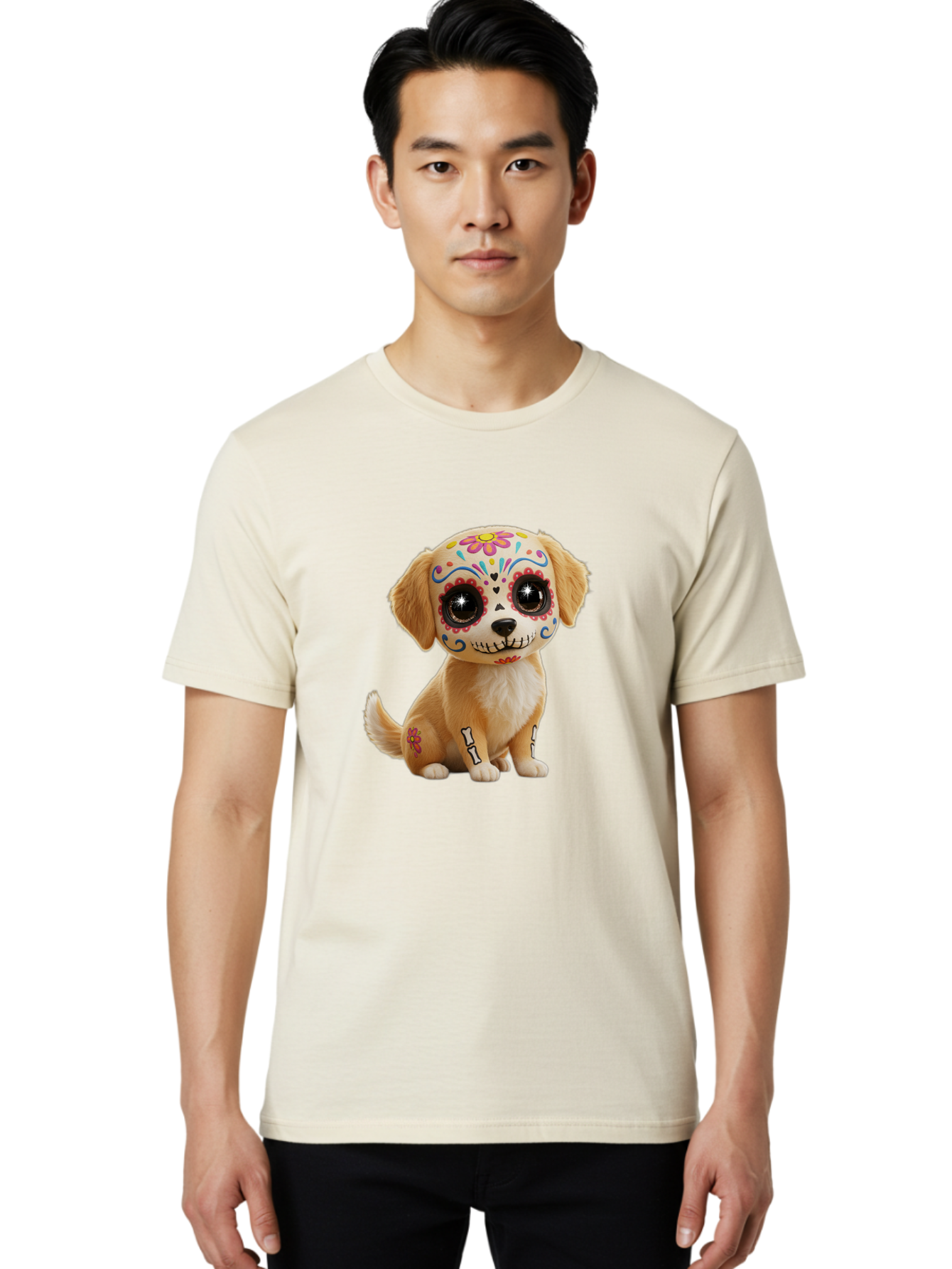 Sugar-Skull-Dog-1 Men'S Graphic Tee, 100% Cotton, Comfortable Casual Summer Wear, Machine Washable, Sugar Skull Dog, Day Of The Dead Puppy, Colorful Tattoos, Sparkly Eyes, Festive Design, Cute Animal, Decorative Art, Vibrant Patterns, Bac498