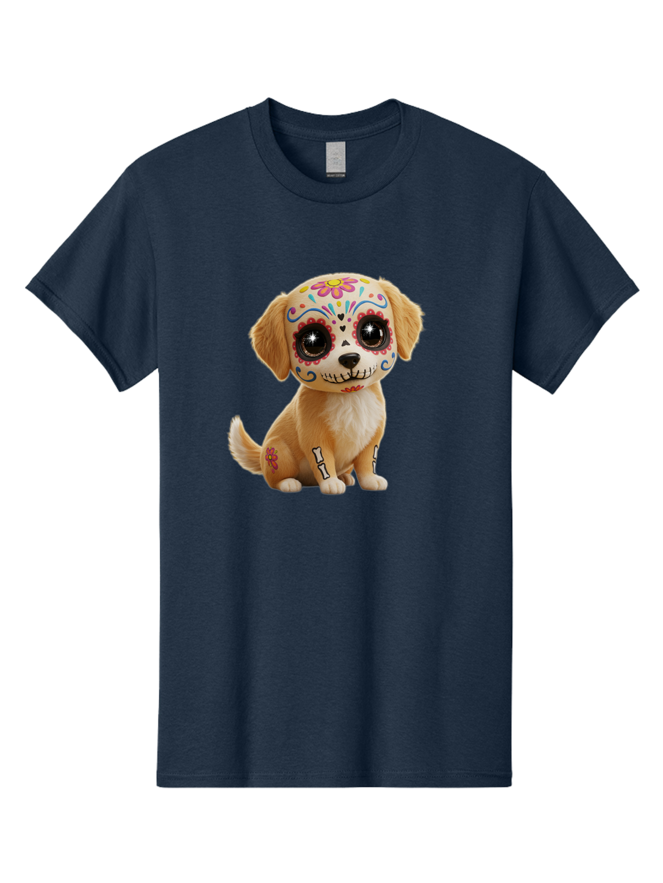 Sugar-Skull-Dog-1 Men'S Graphic Tee, 100% Cotton, Comfortable Casual Summer Wear, Machine Washable, Sugar Skull Dog, Day Of The Dead Puppy, Colorful Tattoos, Sparkly Eyes, Festive Design, Cute Animal, Decorative Art, Vibrant Patterns, Bac498