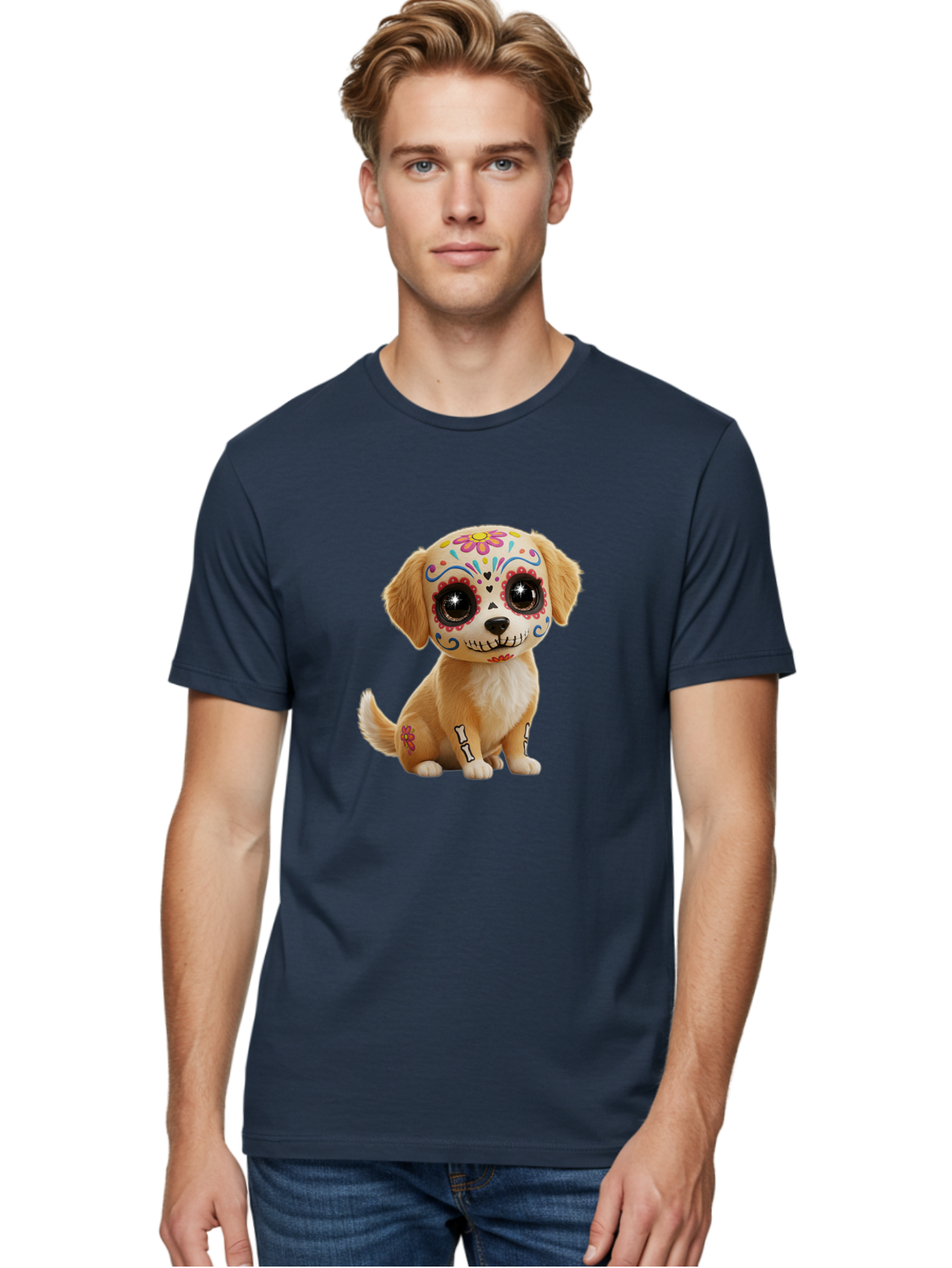 Sugar-Skull-Dog-1 Men'S Graphic Tee, 100% Cotton, Comfortable Casual Summer Wear, Machine Washable, Sugar Skull Dog, Day Of The Dead Puppy, Colorful Tattoos, Sparkly Eyes, Festive Design, Cute Animal, Decorative Art, Vibrant Patterns, Bac498