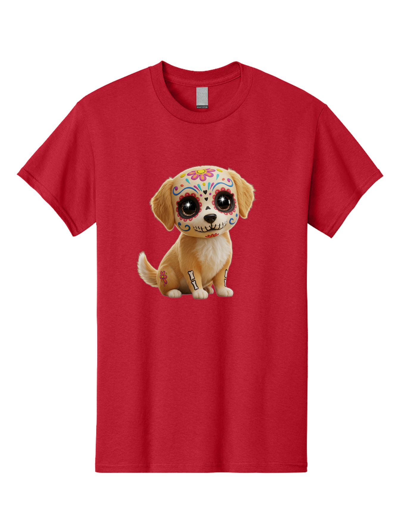 Sugar-Skull-Dog-1 Men'S Graphic Tee, 100% Cotton, Comfortable Casual Summer Wear, Machine Washable, Sugar Skull Dog, Day Of The Dead Puppy, Colorful Tattoos, Sparkly Eyes, Festive Design, Cute Animal, Decorative Art, Vibrant Patterns, Bac498