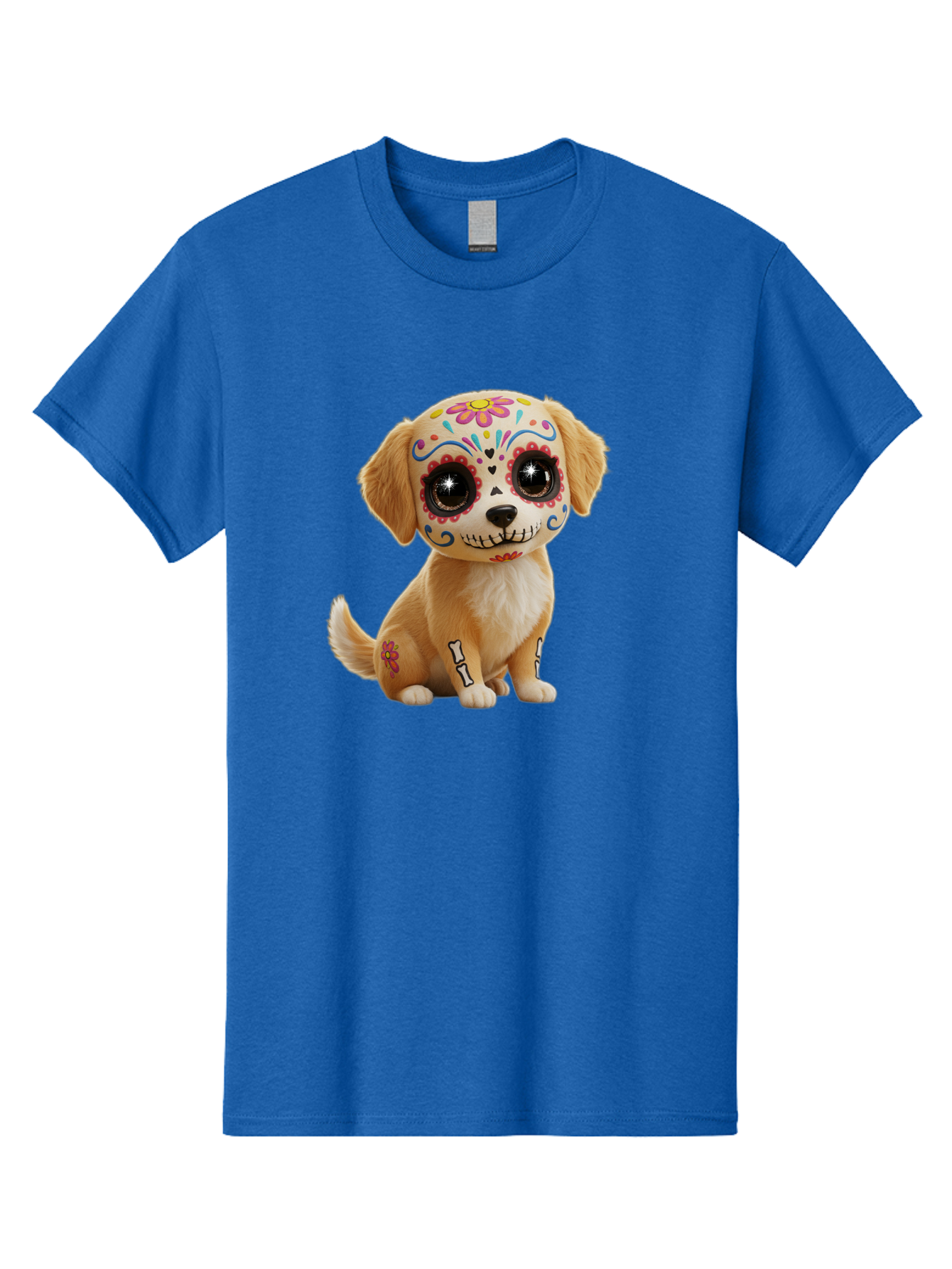 Sugar-Skull-Dog-1 Men'S Graphic Tee, 100% Cotton, Comfortable Casual Summer Wear, Machine Washable, Sugar Skull Dog, Day Of The Dead Puppy, Colorful Tattoos, Sparkly Eyes, Festive Design, Cute Animal, Decorative Art, Vibrant Patterns, Bac498