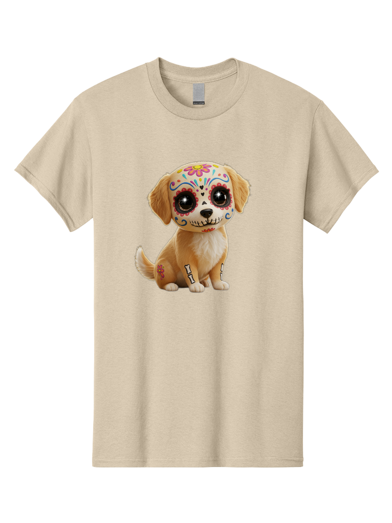 Sugar-Skull-Dog-1 Men'S Graphic Tee, 100% Cotton, Comfortable Casual Summer Wear, Machine Washable, Sugar Skull Dog, Day Of The Dead Puppy, Colorful Tattoos, Sparkly Eyes, Festive Design, Cute Animal, Decorative Art, Vibrant Patterns, Bac498