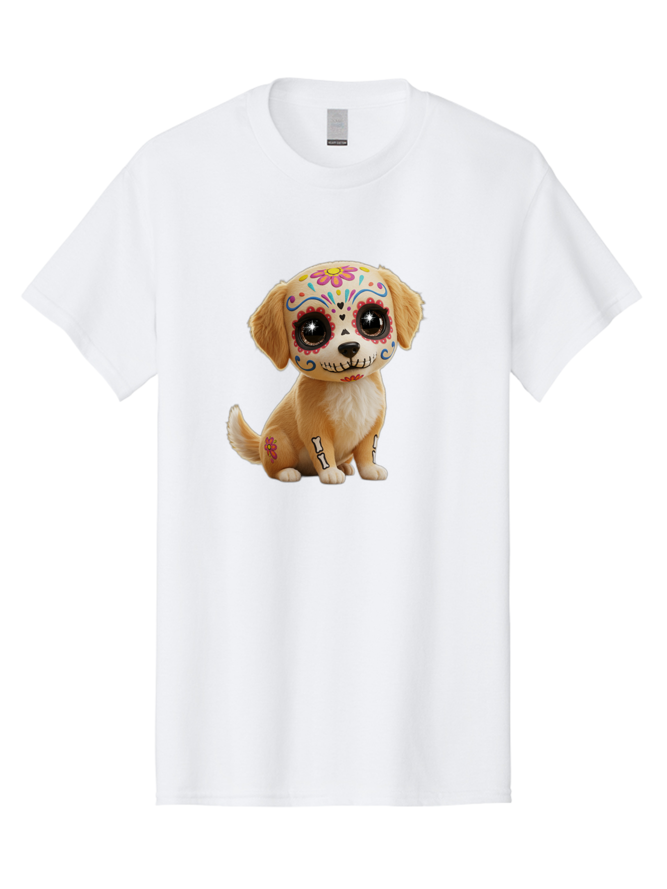 Sugar-Skull-Dog-1 Men'S Graphic Tee, 100% Cotton, Comfortable Casual Summer Wear, Machine Washable, Sugar Skull Dog, Day Of The Dead Puppy, Colorful Tattoos, Sparkly Eyes, Festive Design, Cute Animal, Decorative Art, Vibrant Patterns, Bac498