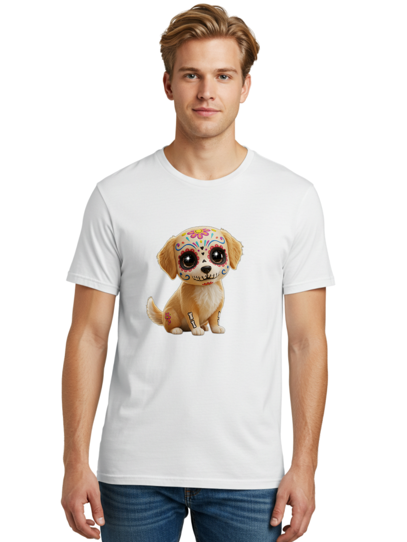 Sugar-Skull-Dog-1 Men'S Graphic Tee, 100% Cotton, Comfortable Casual Summer Wear, Machine Washable, Sugar Skull Dog, Day Of The Dead Puppy, Colorful Tattoos, Sparkly Eyes, Festive Design, Cute Animal, Decorative Art, Vibrant Patterns, Bac498