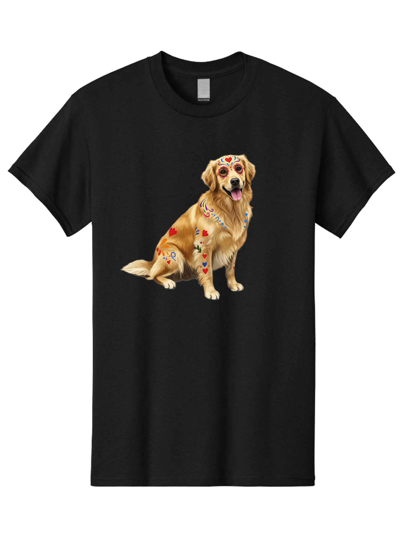 Sugar-Skull-Dog Men'S Graphic Tee, 100% Cotton, Comfortable Casual Summer Wear, Machine Washable, Golden Retriever, Sugar Skull Design, Colorful Tattoos, Heart Patterns, Festive Decoration, Dia De Los Muertos, Vibrant Artwork, Dog Portrait, Bac499