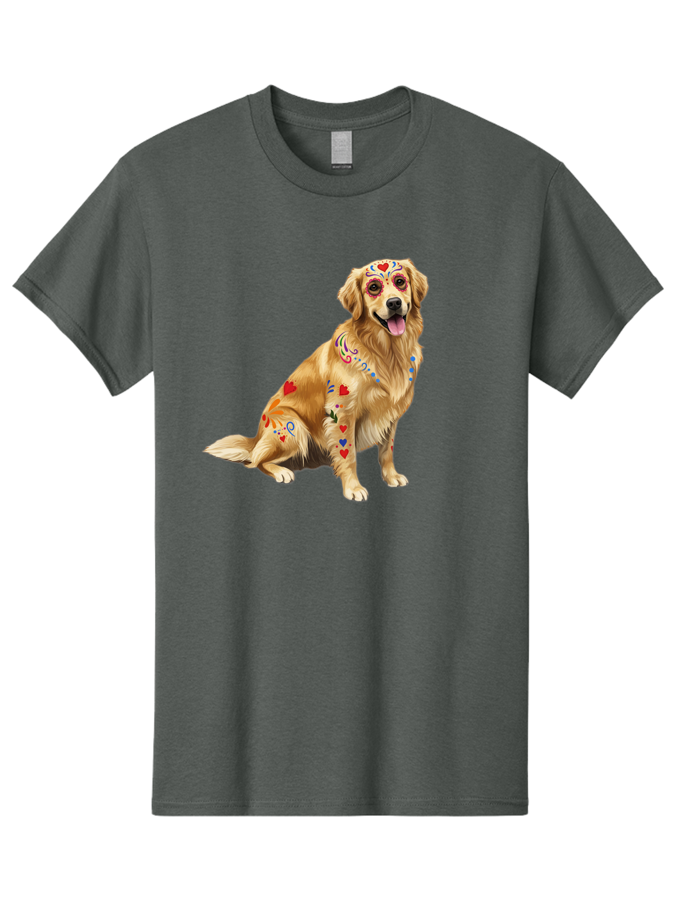 Sugar-Skull-Dog Men'S Graphic Tee, 100% Cotton, Comfortable Casual Summer Wear, Machine Washable, Golden Retriever, Sugar Skull Design, Colorful Tattoos, Heart Patterns, Festive Decoration, Dia De Los Muertos, Vibrant Artwork, Dog Portrait, Bac499