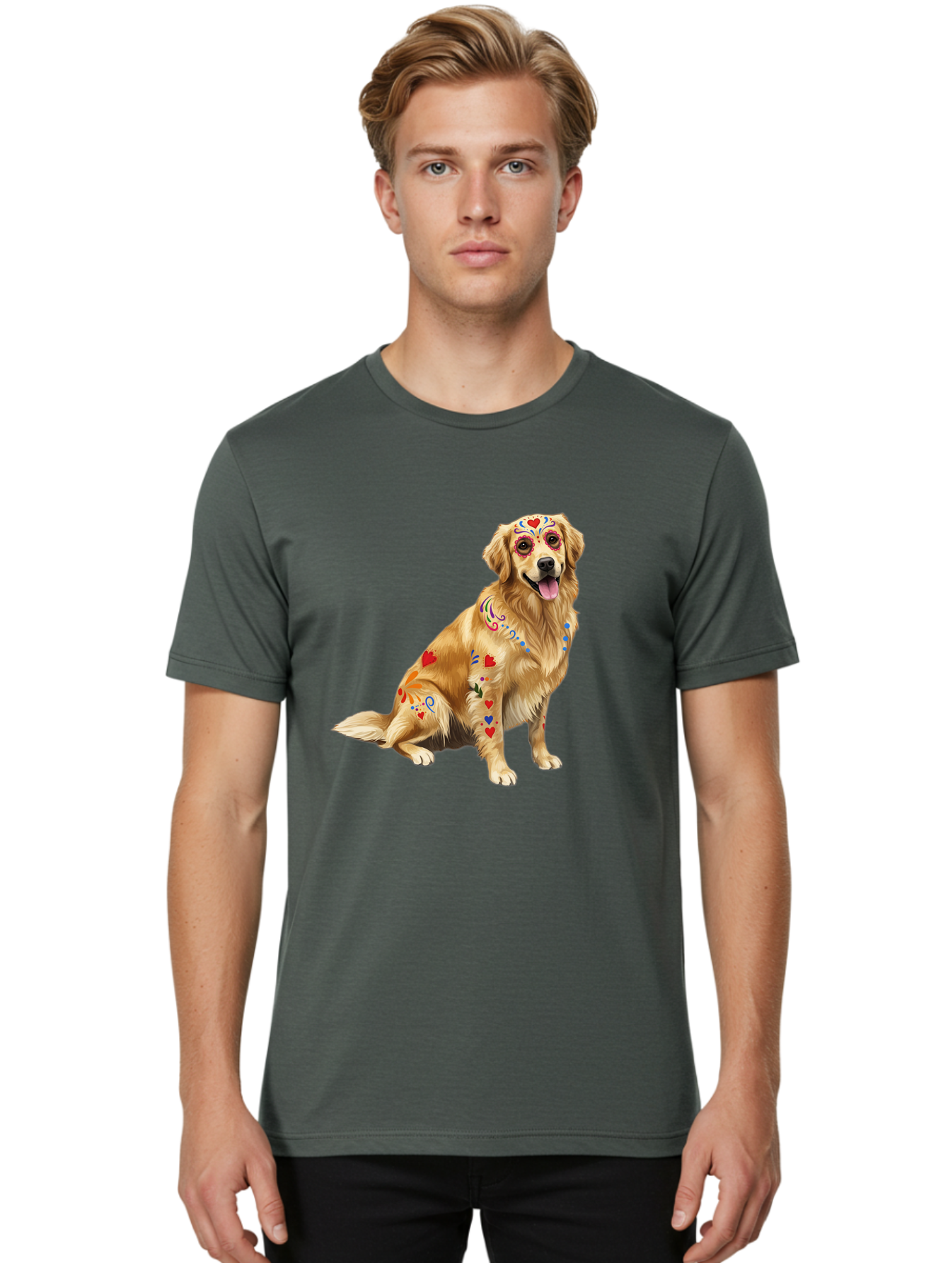 Sugar-Skull-Dog Men'S Graphic Tee, 100% Cotton, Comfortable Casual Summer Wear, Machine Washable, Golden Retriever, Sugar Skull Design, Colorful Tattoos, Heart Patterns, Festive Decoration, Dia De Los Muertos, Vibrant Artwork, Dog Portrait, Bac499