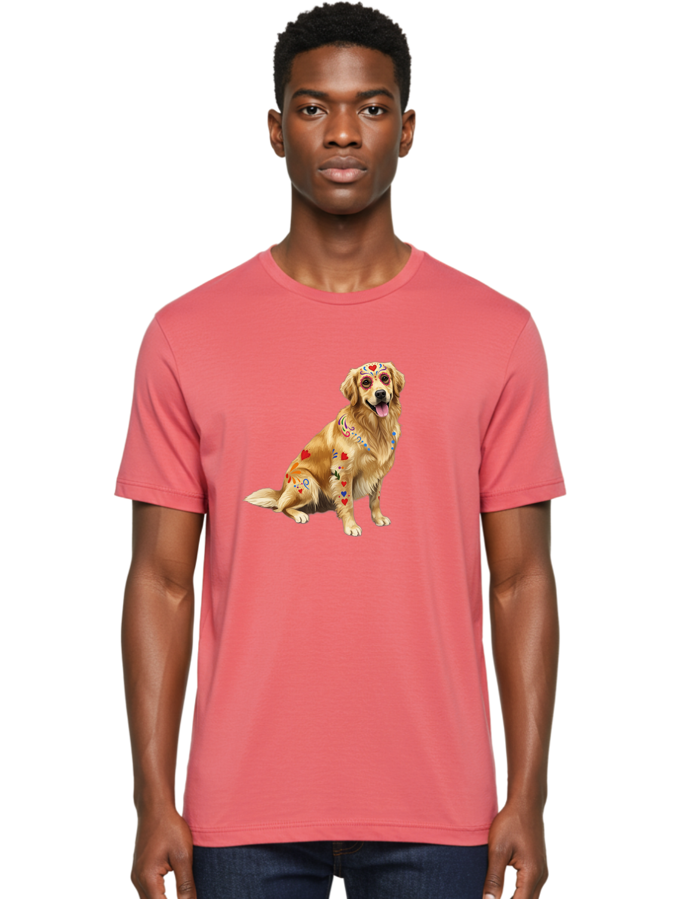 Sugar-Skull-Dog Men'S Graphic Tee, 100% Cotton, Comfortable Casual Summer Wear, Machine Washable, Golden Retriever, Sugar Skull Design, Colorful Tattoos, Heart Patterns, Festive Decoration, Dia De Los Muertos, Vibrant Artwork, Dog Portrait, Bac499