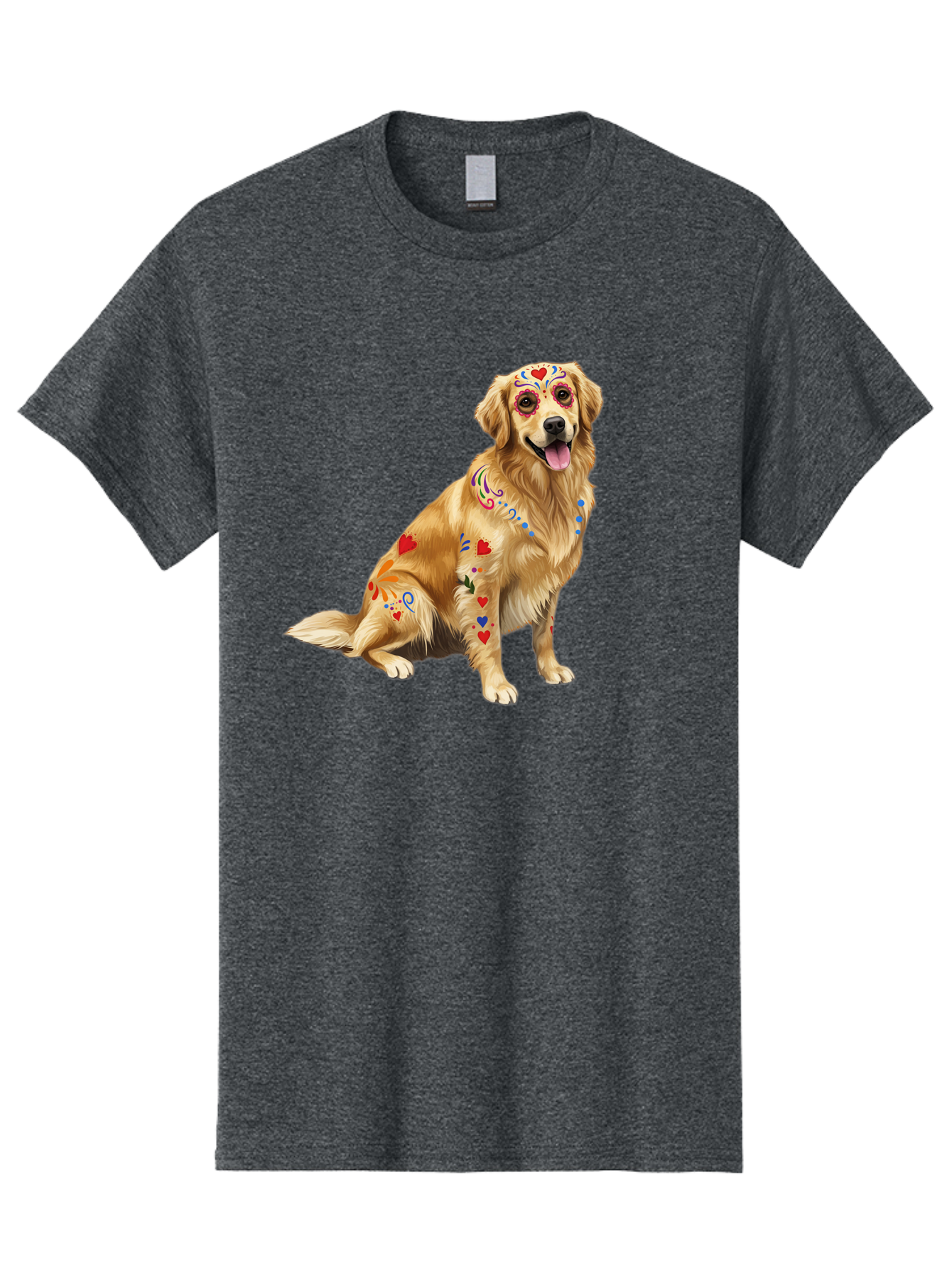 Sugar-Skull-Dog Men'S Graphic Tee, 100% Cotton, Comfortable Casual Summer Wear, Machine Washable, Golden Retriever, Sugar Skull Design, Colorful Tattoos, Heart Patterns, Festive Decoration, Dia De Los Muertos, Vibrant Artwork, Dog Portrait, Bac499