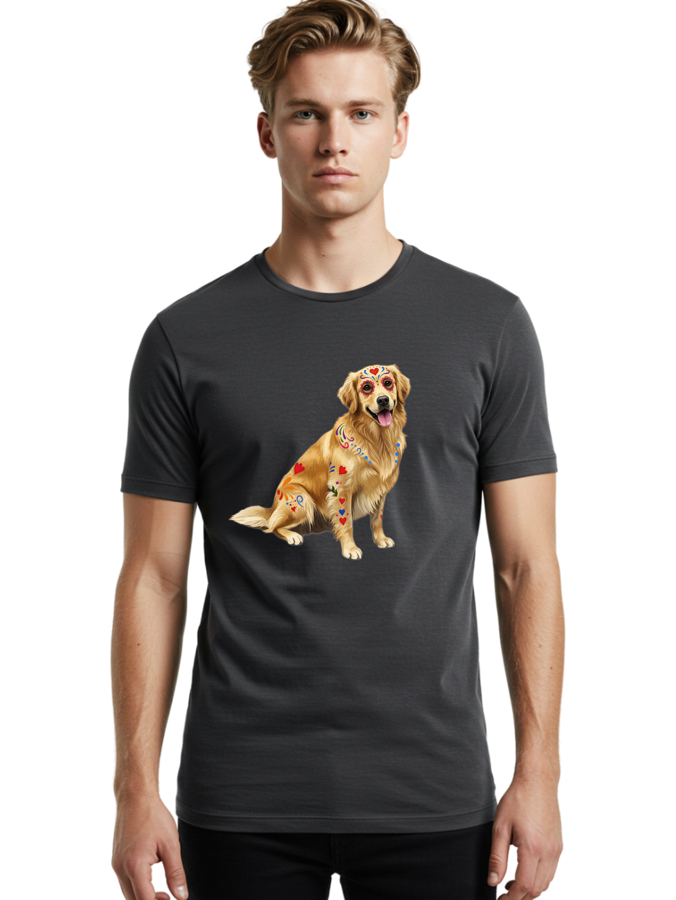 Sugar-Skull-Dog Men'S Graphic Tee, 100% Cotton, Comfortable Casual Summer Wear, Machine Washable, Golden Retriever, Sugar Skull Design, Colorful Tattoos, Heart Patterns, Festive Decoration, Dia De Los Muertos, Vibrant Artwork, Dog Portrait, Bac499