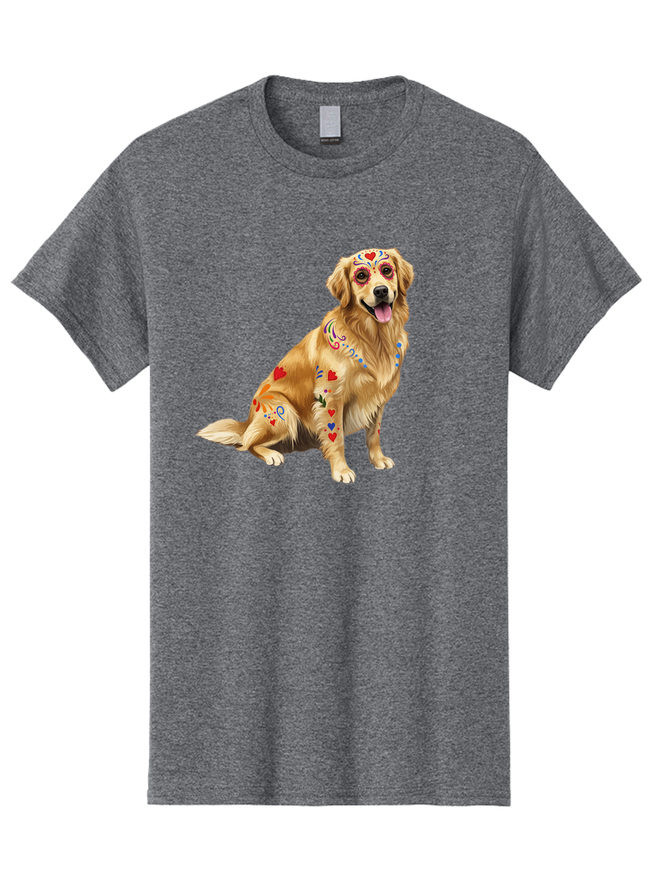 Sugar-Skull-Dog Men'S Graphic Tee, 100% Cotton, Comfortable Casual Summer Wear, Machine Washable, Golden Retriever, Sugar Skull Design, Colorful Tattoos, Heart Patterns, Festive Decoration, Dia De Los Muertos, Vibrant Artwork, Dog Portrait, Bac499