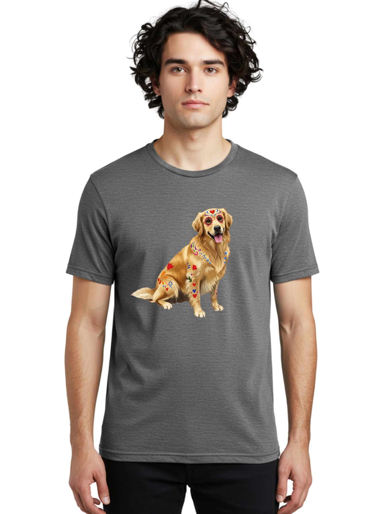 Sugar-Skull-Dog Men'S Graphic Tee, 100% Cotton, Comfortable Casual Summer Wear, Machine Washable, Golden Retriever, Sugar Skull Design, Colorful Tattoos, Heart Patterns, Festive Decoration, Dia De Los Muertos, Vibrant Artwork, Dog Portrait, Bac499