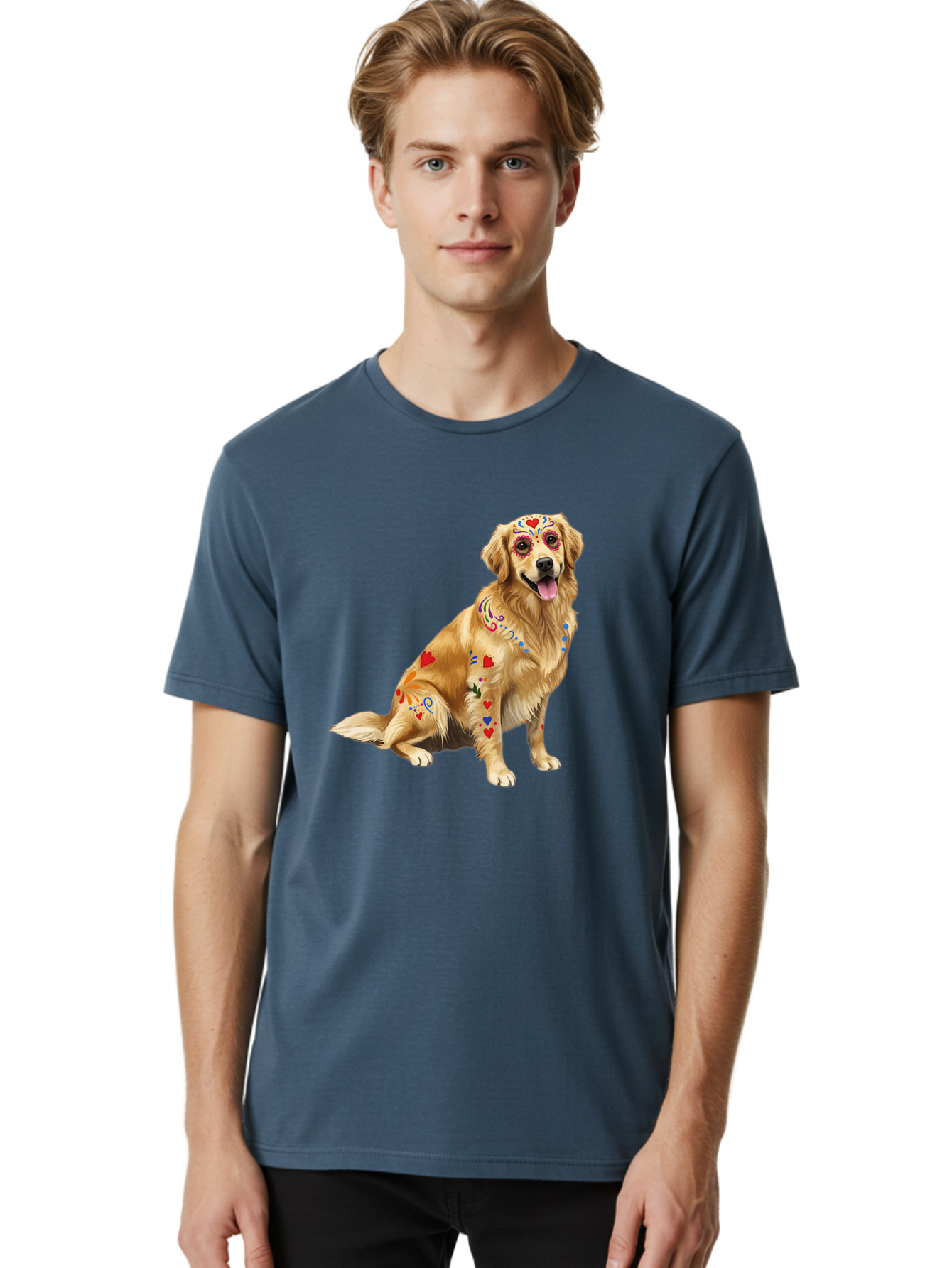 Sugar-Skull-Dog Men'S Graphic Tee, 100% Cotton, Comfortable Casual Summer Wear, Machine Washable, Golden Retriever, Sugar Skull Design, Colorful Tattoos, Heart Patterns, Festive Decoration, Dia De Los Muertos, Vibrant Artwork, Dog Portrait, Bac499