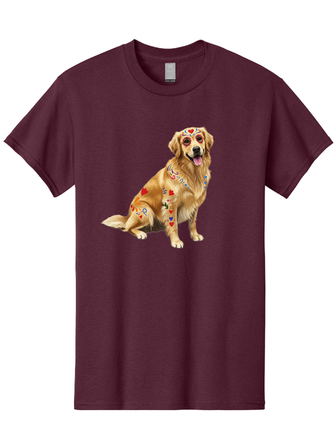 Sugar-Skull-Dog Men'S Graphic Tee, 100% Cotton, Comfortable Casual Summer Wear, Machine Washable, Golden Retriever, Sugar Skull Design, Colorful Tattoos, Heart Patterns, Festive Decoration, Dia De Los Muertos, Vibrant Artwork, Dog Portrait, Bac499