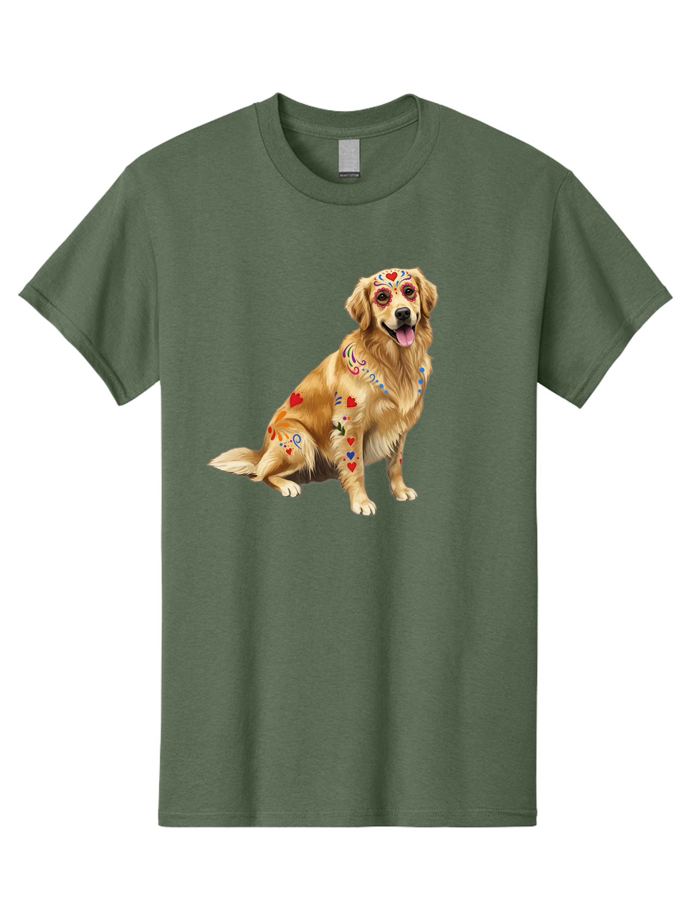 Sugar-Skull-Dog Men'S Graphic Tee, 100% Cotton, Comfortable Casual Summer Wear, Machine Washable, Golden Retriever, Sugar Skull Design, Colorful Tattoos, Heart Patterns, Festive Decoration, Dia De Los Muertos, Vibrant Artwork, Dog Portrait, Bac499