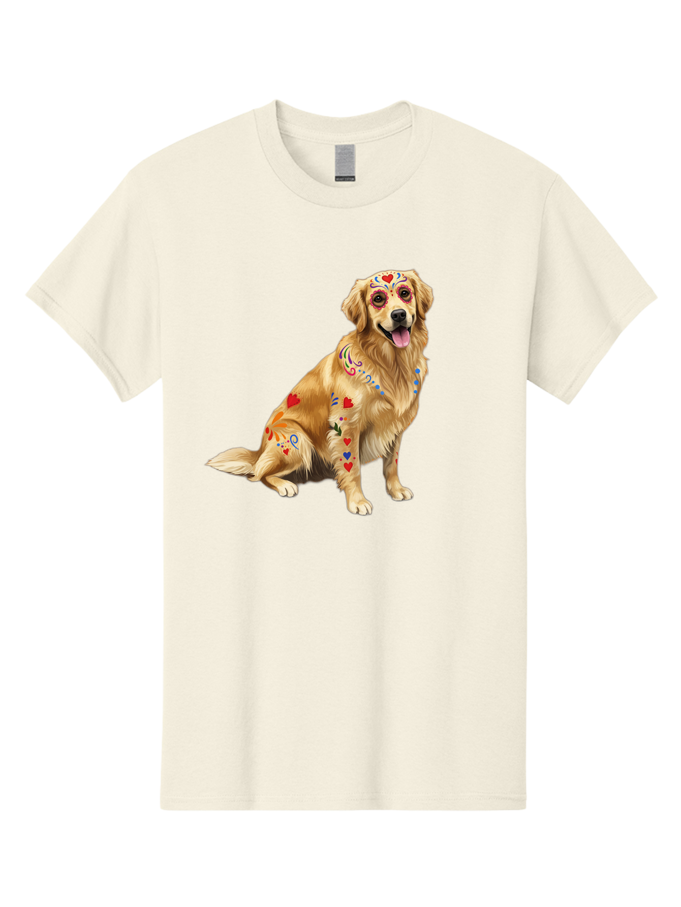 Sugar-Skull-Dog Men'S Graphic Tee, 100% Cotton, Comfortable Casual Summer Wear, Machine Washable, Golden Retriever, Sugar Skull Design, Colorful Tattoos, Heart Patterns, Festive Decoration, Dia De Los Muertos, Vibrant Artwork, Dog Portrait, Bac499