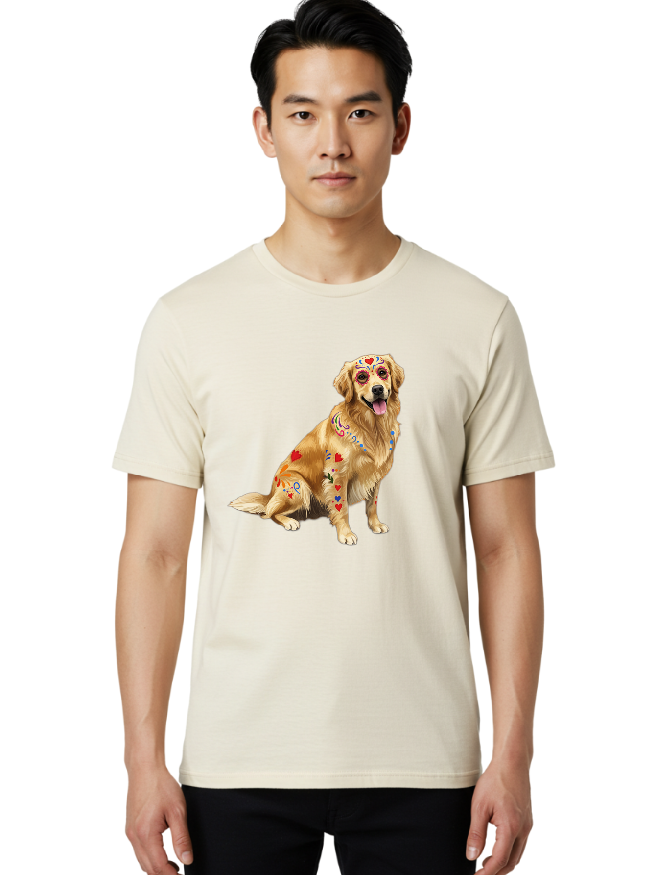 Sugar-Skull-Dog Men'S Graphic Tee, 100% Cotton, Comfortable Casual Summer Wear, Machine Washable, Golden Retriever, Sugar Skull Design, Colorful Tattoos, Heart Patterns, Festive Decoration, Dia De Los Muertos, Vibrant Artwork, Dog Portrait, Bac499