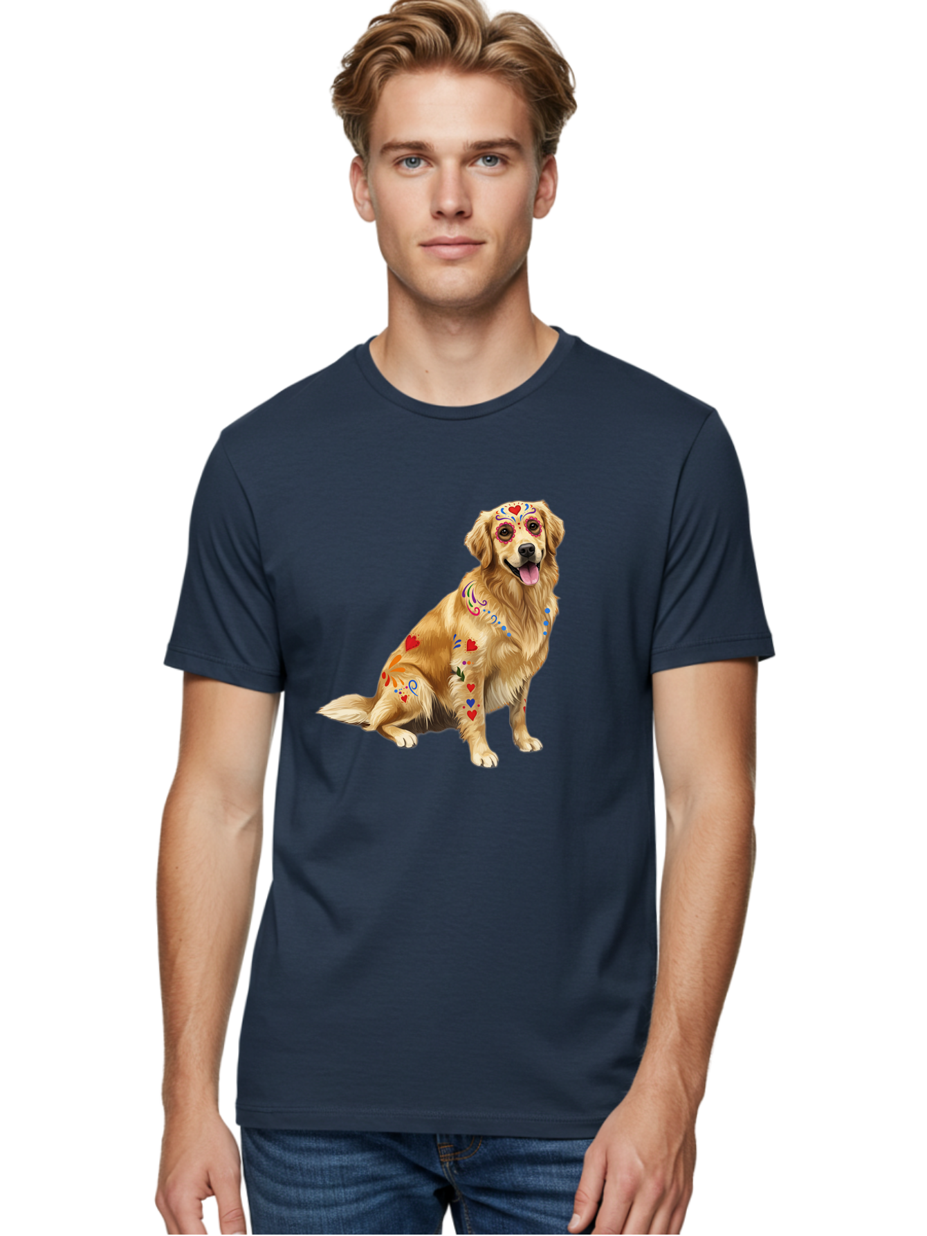 Sugar-Skull-Dog Men'S Graphic Tee, 100% Cotton, Comfortable Casual Summer Wear, Machine Washable, Golden Retriever, Sugar Skull Design, Colorful Tattoos, Heart Patterns, Festive Decoration, Dia De Los Muertos, Vibrant Artwork, Dog Portrait, Bac499