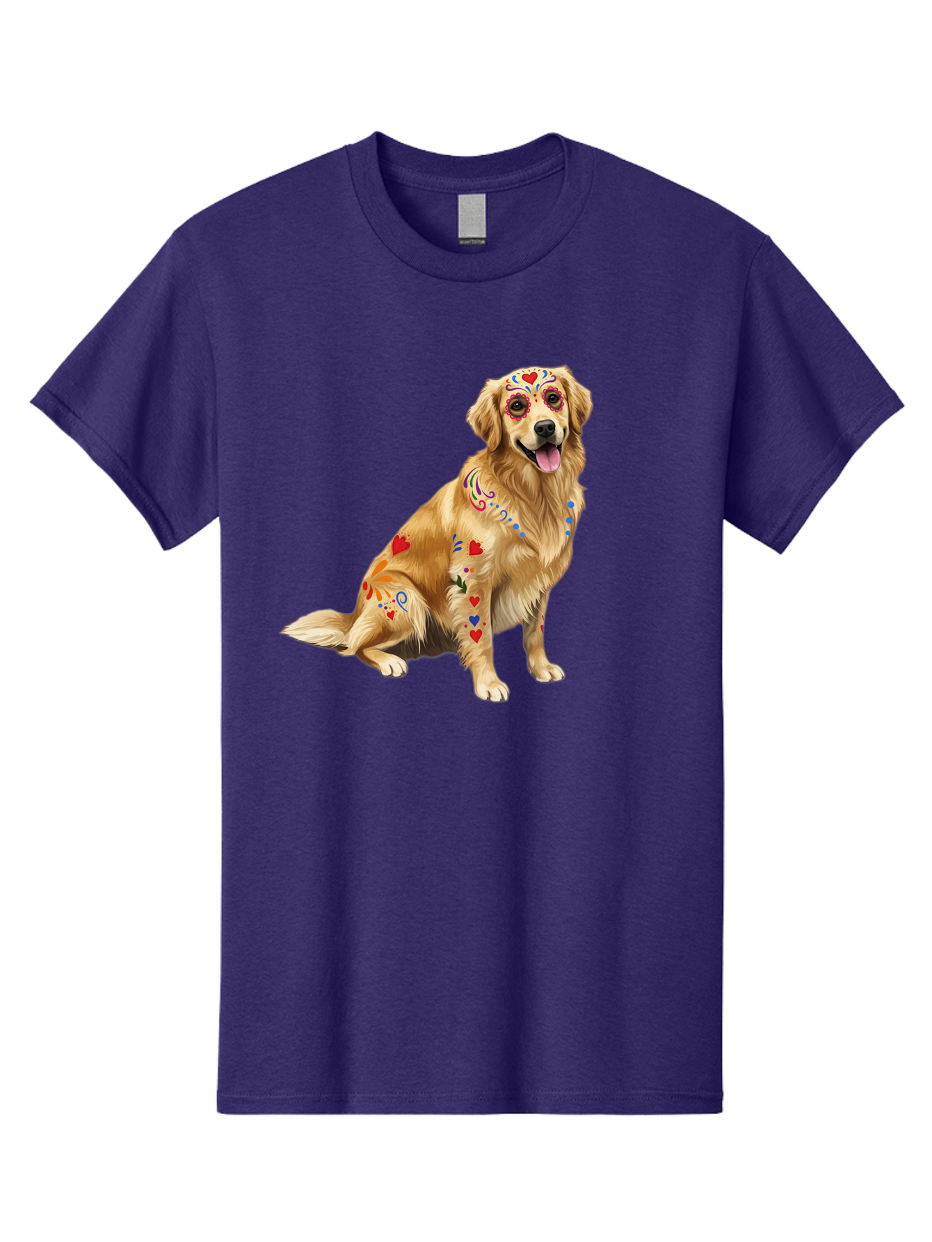 Sugar-Skull-Dog Men'S Graphic Tee, 100% Cotton, Comfortable Casual Summer Wear, Machine Washable, Golden Retriever, Sugar Skull Design, Colorful Tattoos, Heart Patterns, Festive Decoration, Dia De Los Muertos, Vibrant Artwork, Dog Portrait, Bac499