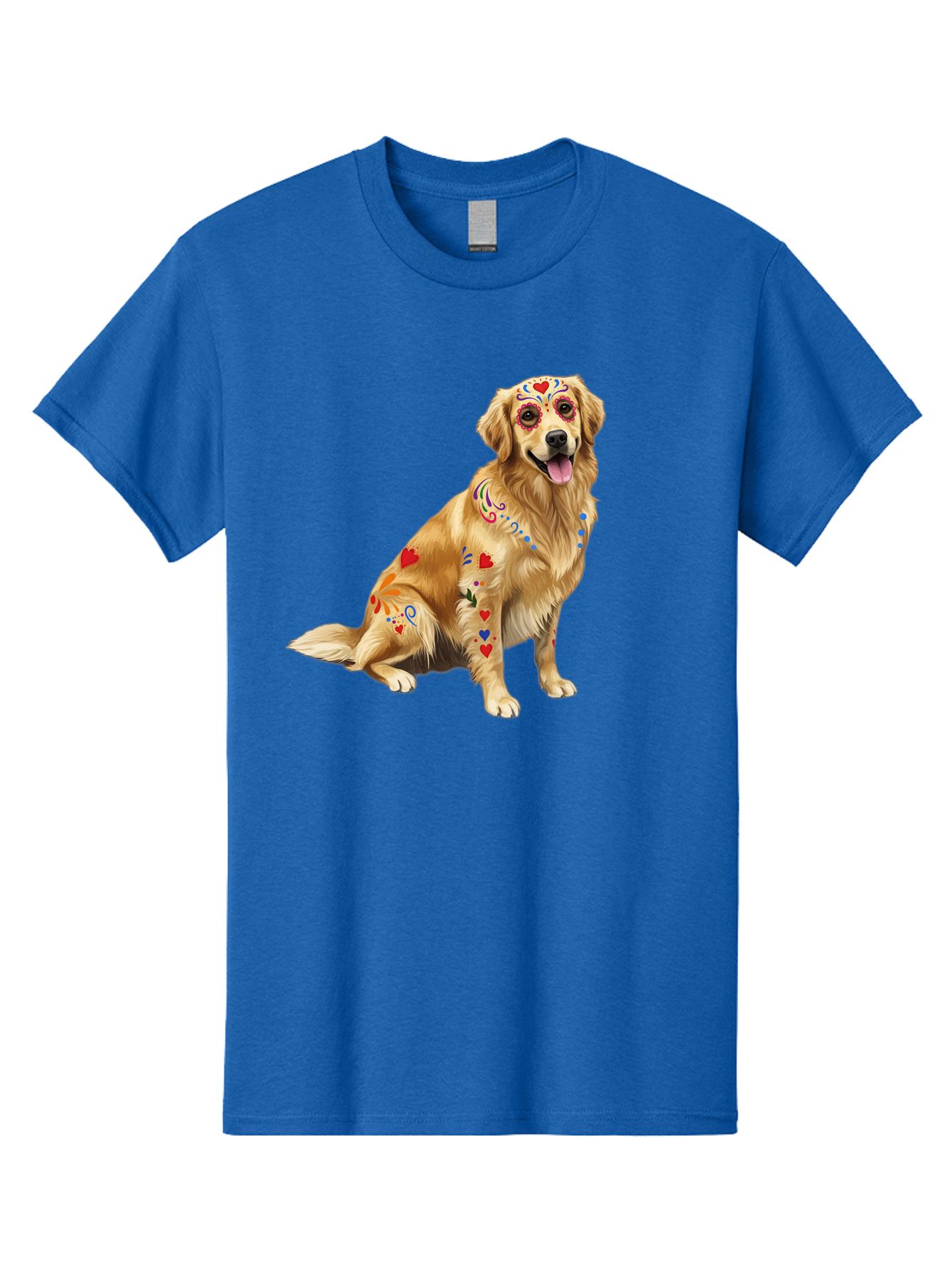 Sugar-Skull-Dog Men'S Graphic Tee, 100% Cotton, Comfortable Casual Summer Wear, Machine Washable, Golden Retriever, Sugar Skull Design, Colorful Tattoos, Heart Patterns, Festive Decoration, Dia De Los Muertos, Vibrant Artwork, Dog Portrait, Bac499