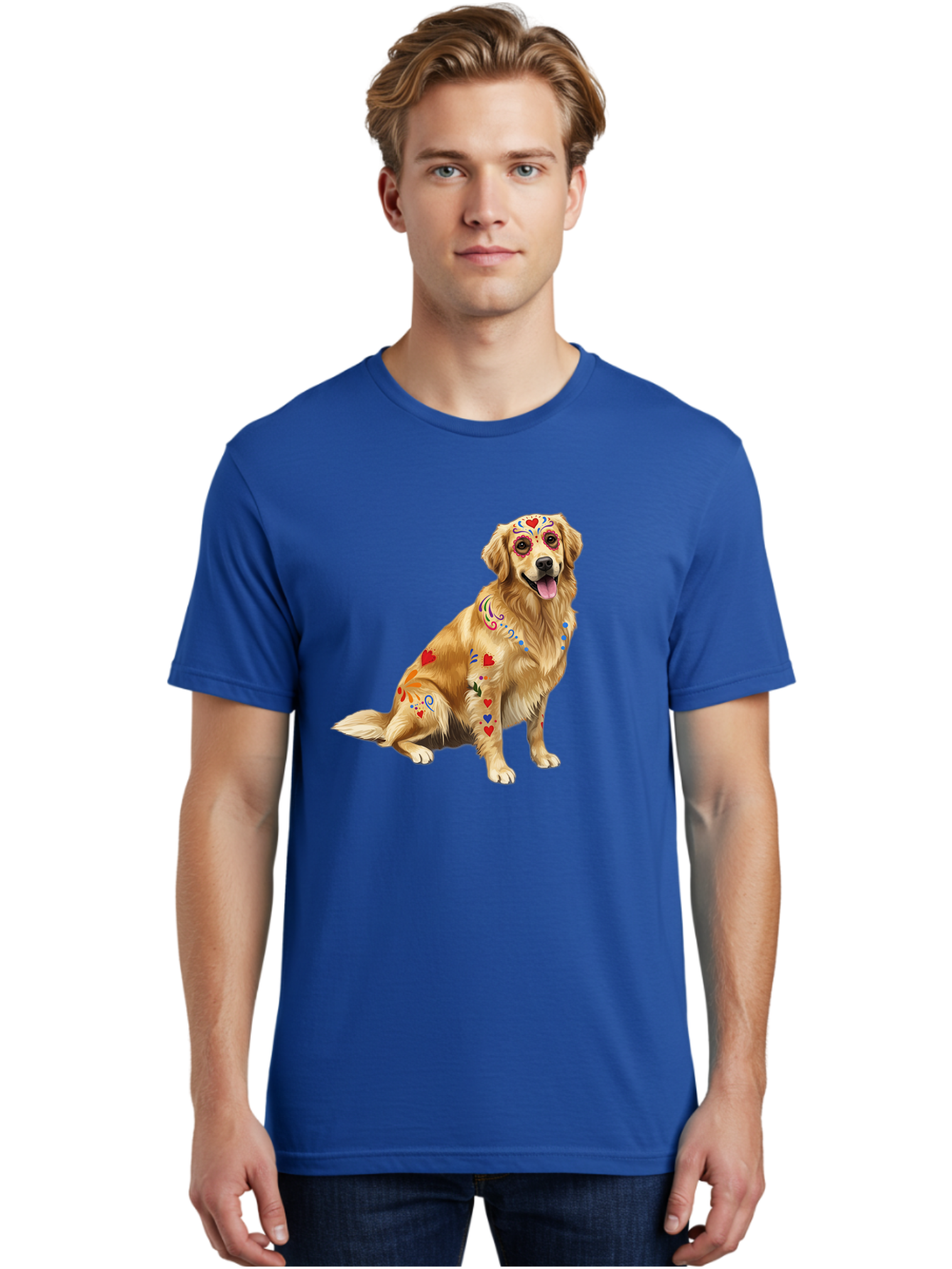 Sugar-Skull-Dog Men'S Graphic Tee, 100% Cotton, Comfortable Casual Summer Wear, Machine Washable, Golden Retriever, Sugar Skull Design, Colorful Tattoos, Heart Patterns, Festive Decoration, Dia De Los Muertos, Vibrant Artwork, Dog Portrait, Bac499