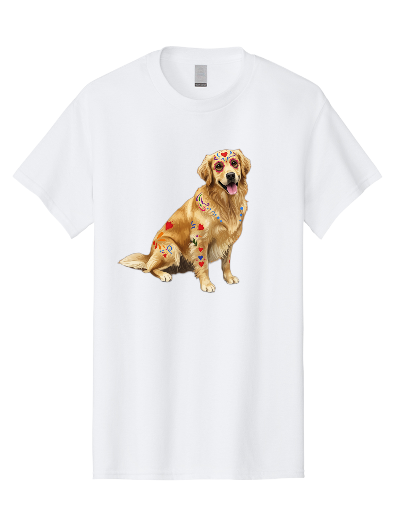 Sugar-Skull-Dog Men'S Graphic Tee, 100% Cotton, Comfortable Casual Summer Wear, Machine Washable, Golden Retriever, Sugar Skull Design, Colorful Tattoos, Heart Patterns, Festive Decoration, Dia De Los Muertos, Vibrant Artwork, Dog Portrait, Bac499
